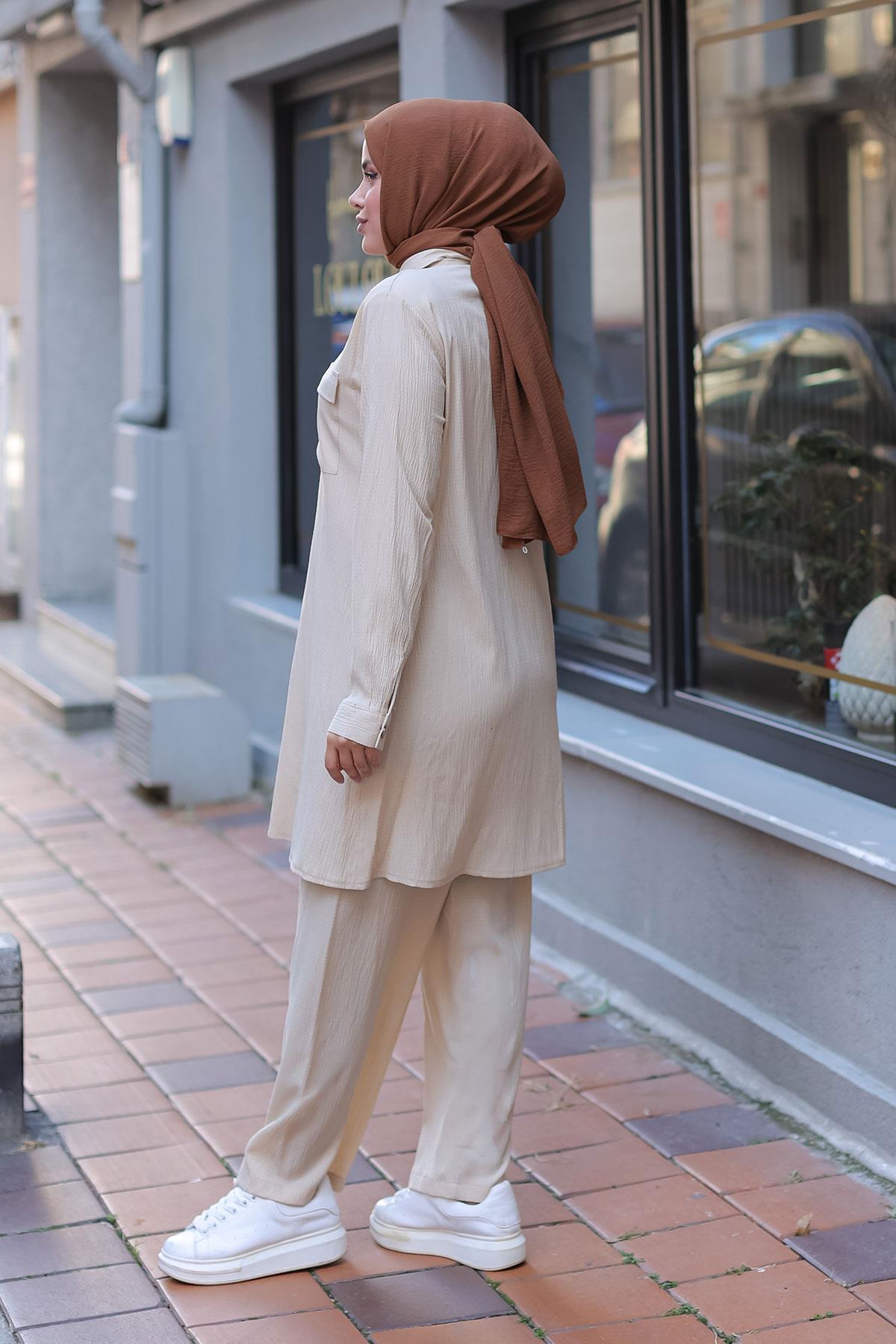 Cep Detaylı Tesettür Bej Takım 
