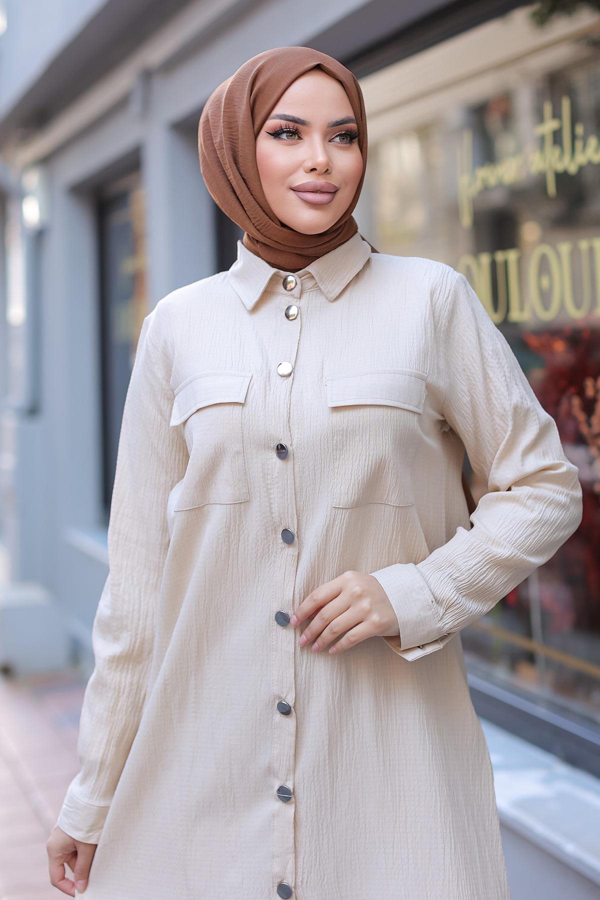 Cep Detaylı Tesettür Bej Takım 