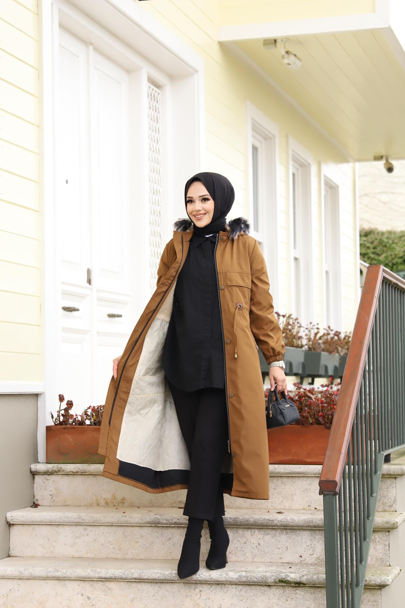 Cep Detaylı Tesettür Camel Mont
