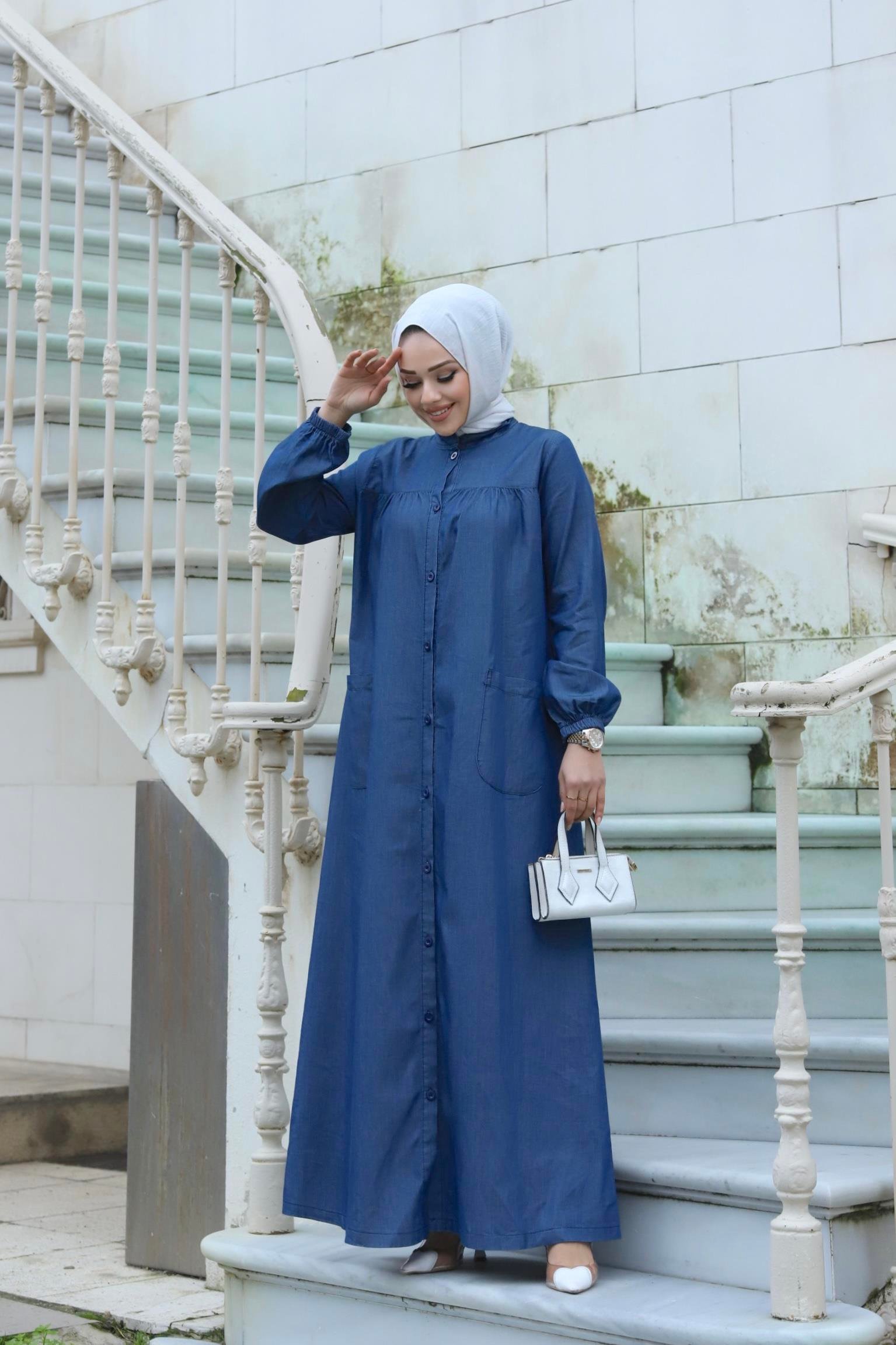 Cep Detaylı Tesettür Koyu Kot elbise 