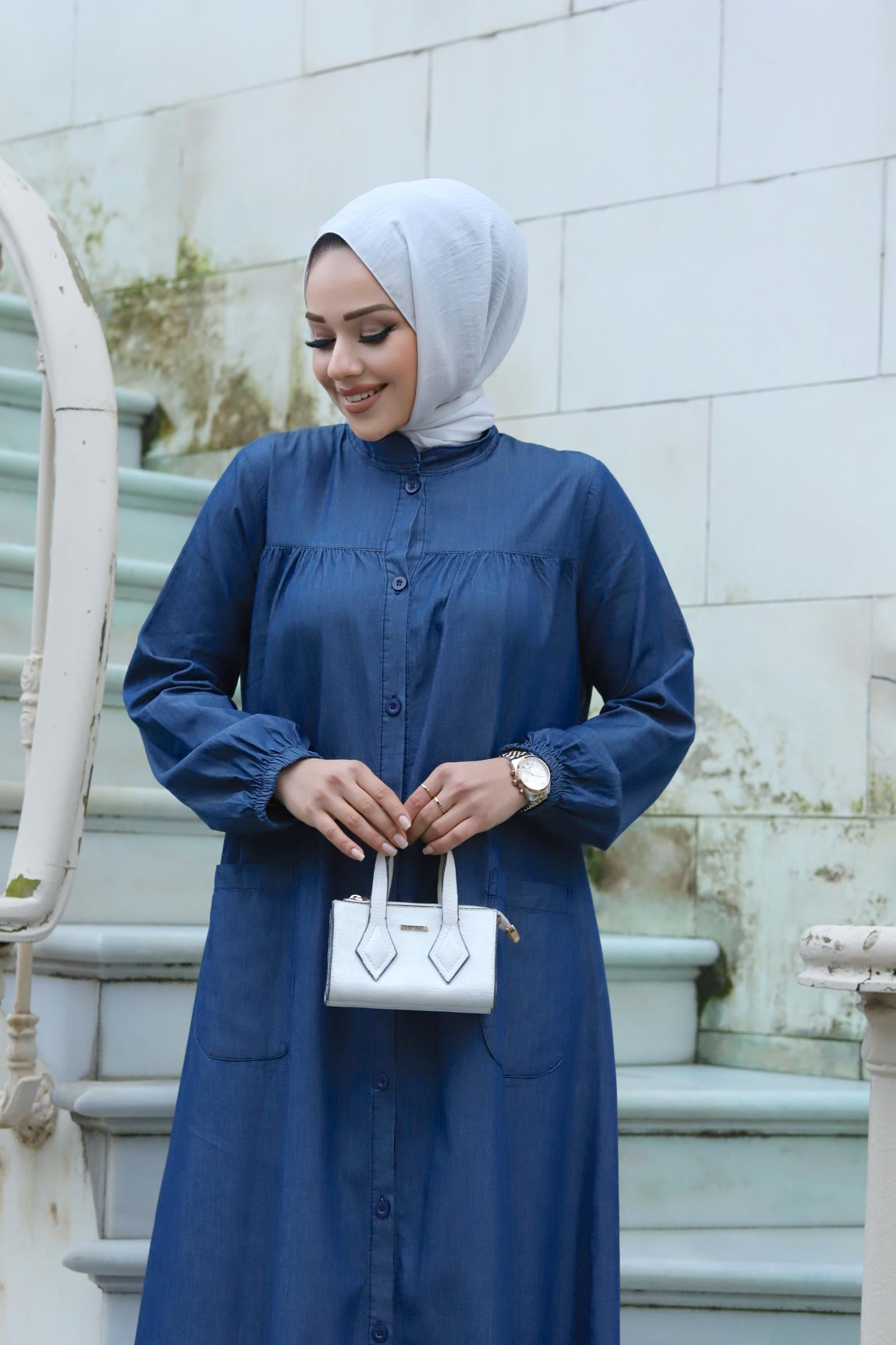 Cep Detaylı Tesettür Koyu Kot elbise 