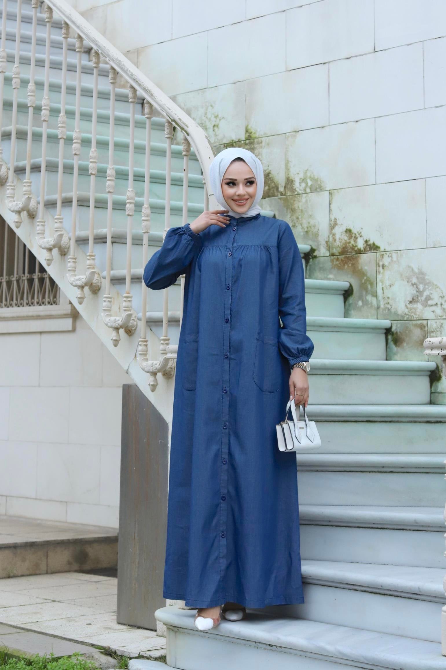 Cep Detaylı Tesettür Koyu Kot elbise 