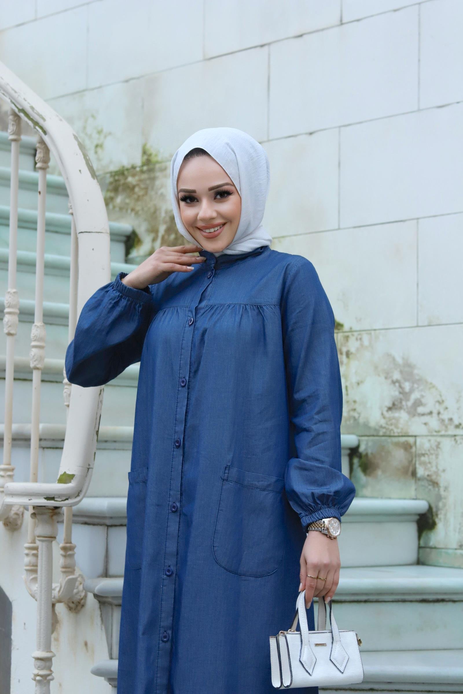 Cep Detaylı Tesettür Koyu Kot elbise 