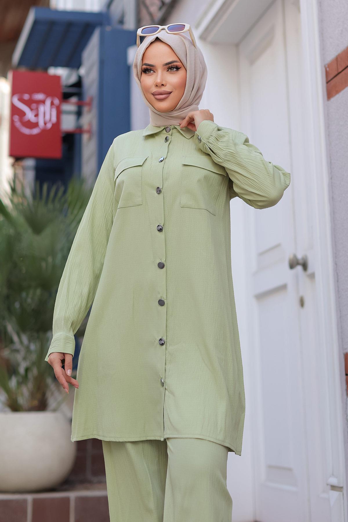 Cep Detaylı Tesettür Mint  Takım