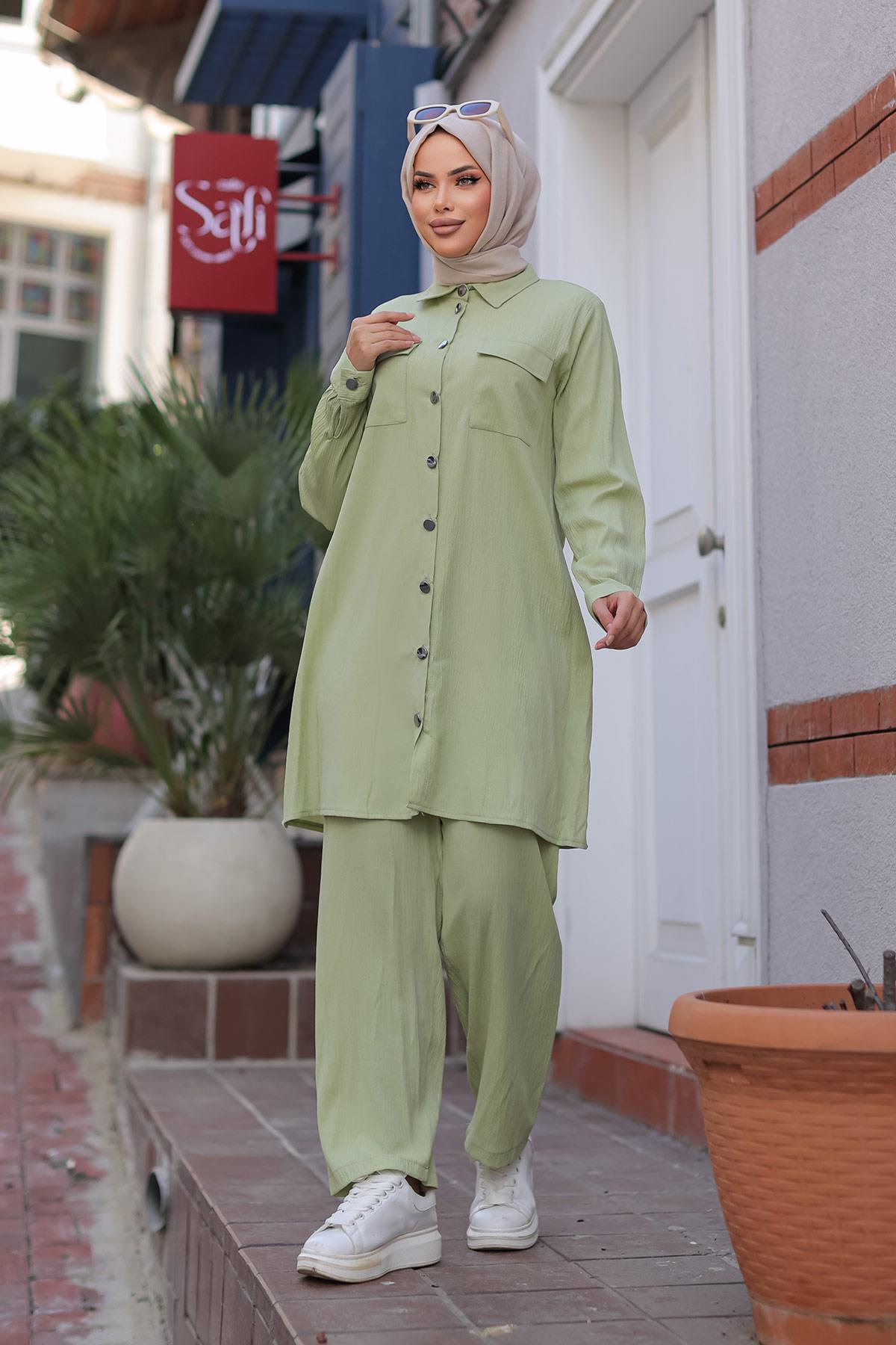 Cep Detaylı Tesettür Mint  Takım