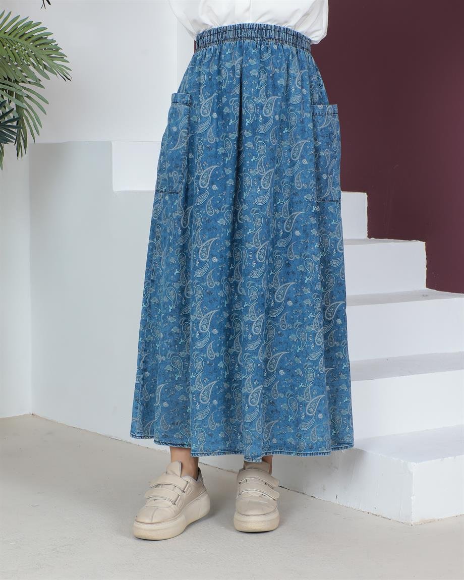 Cep Detaylı Tesettür Şal Desenli Açık Kar Yıkama Kot Etek