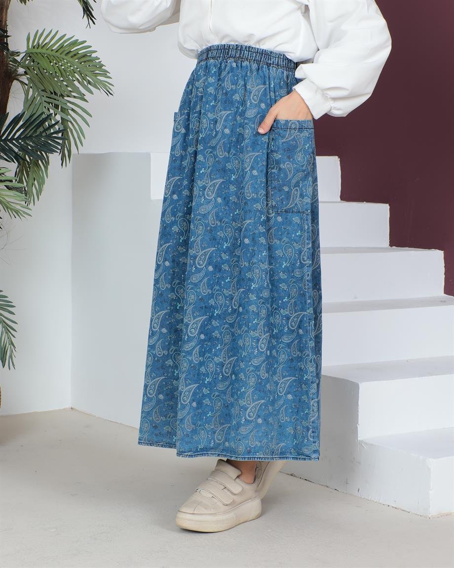 Cep Detaylı Tesettür Şal Desenli Açık Kar Yıkama Kot Etek