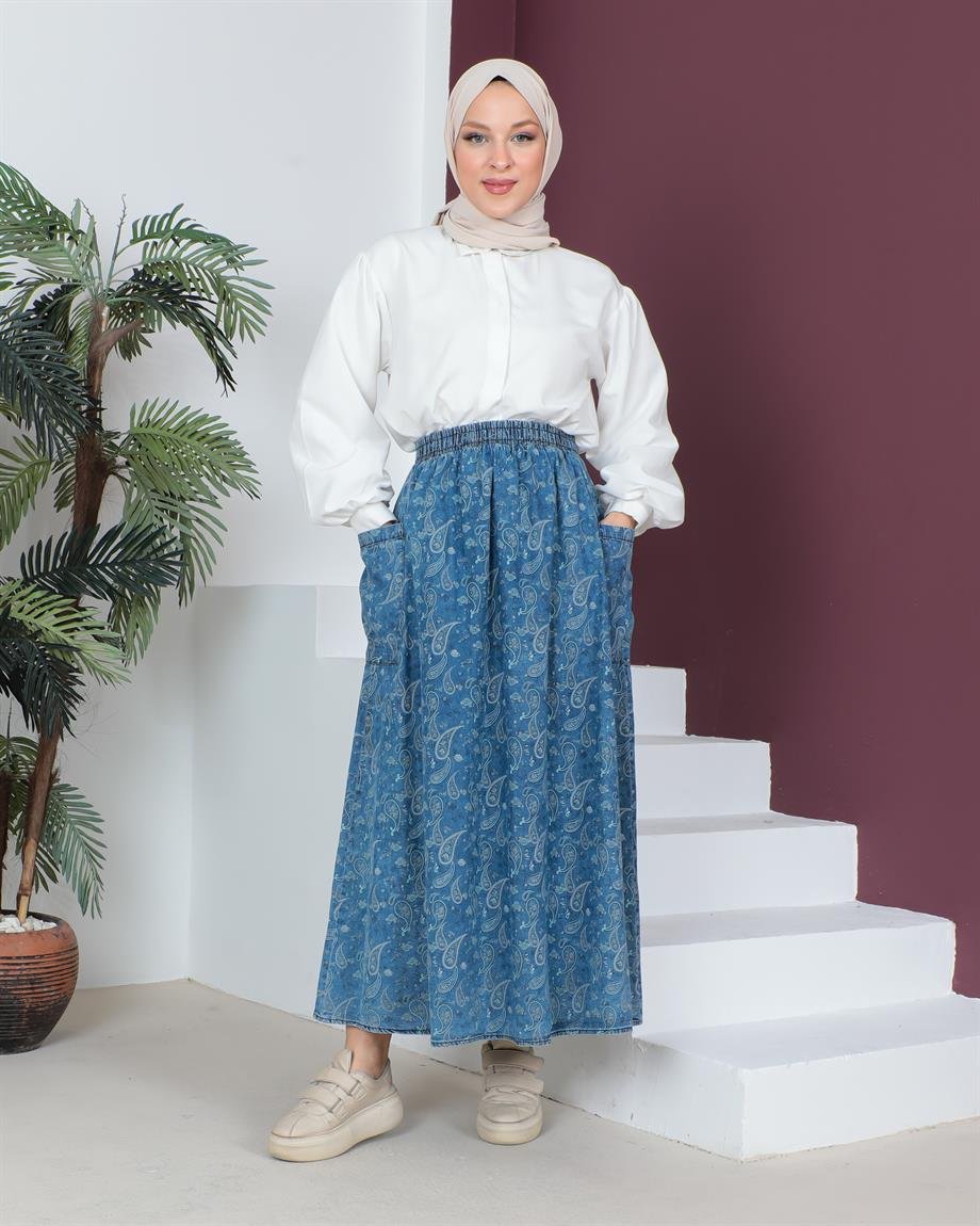 Cep Detaylı Tesettür Şal Desenli Açık Kar Yıkama Kot Etek