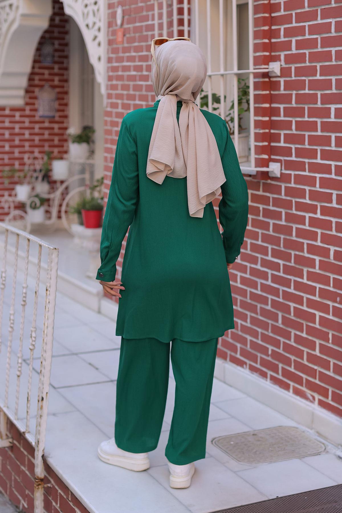 Cep Detaylı Tesettür Yeşil Takım 
