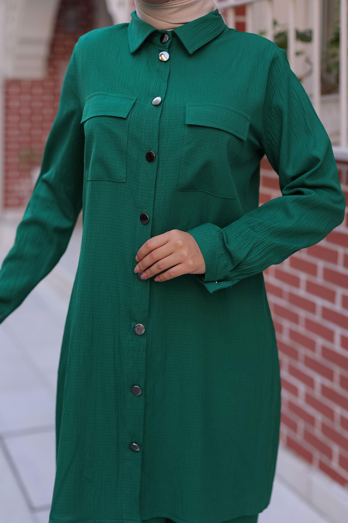 Cep Detaylı Tesettür Yeşil Takım 
