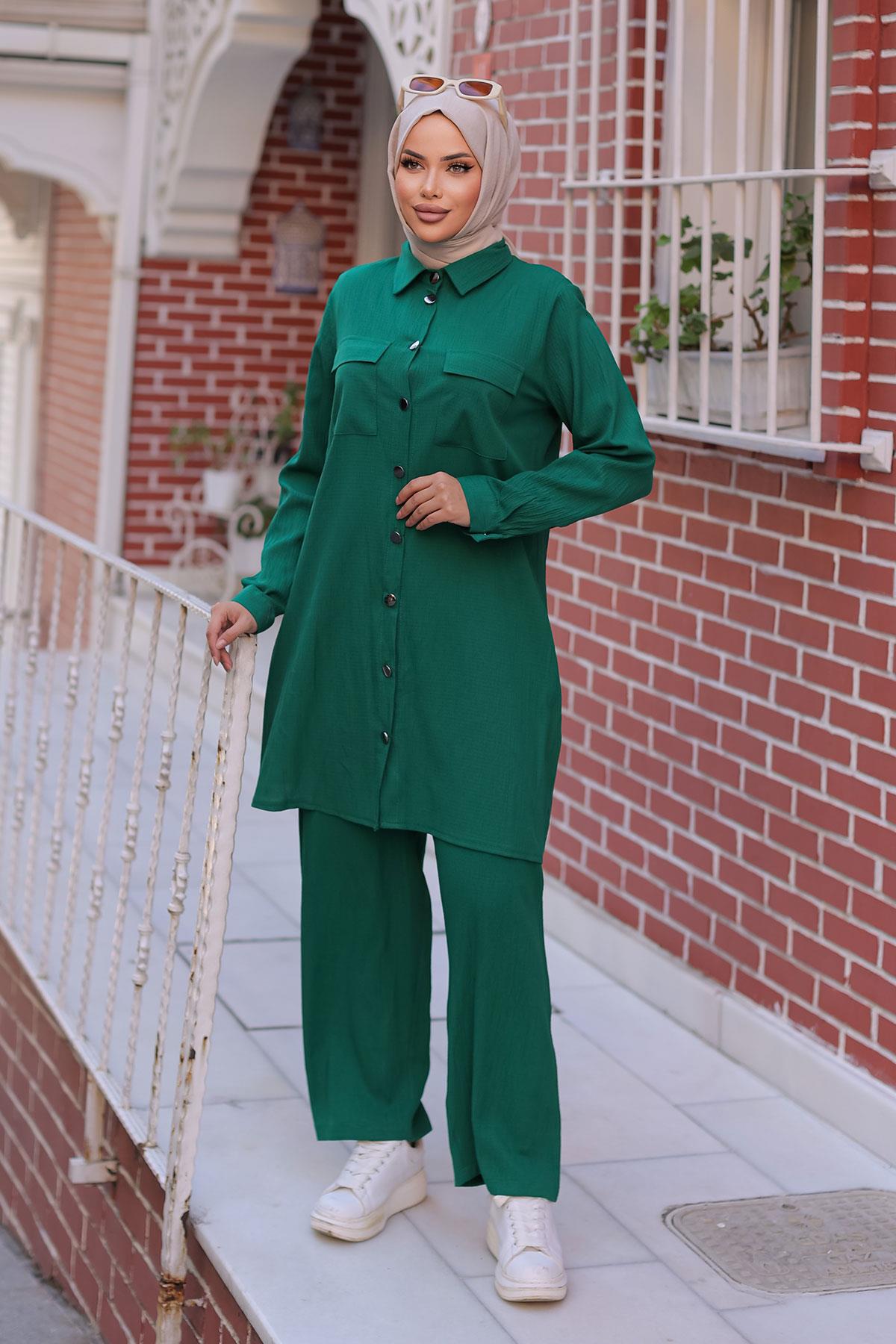 Cep Detaylı Tesettür Yeşil Takım 