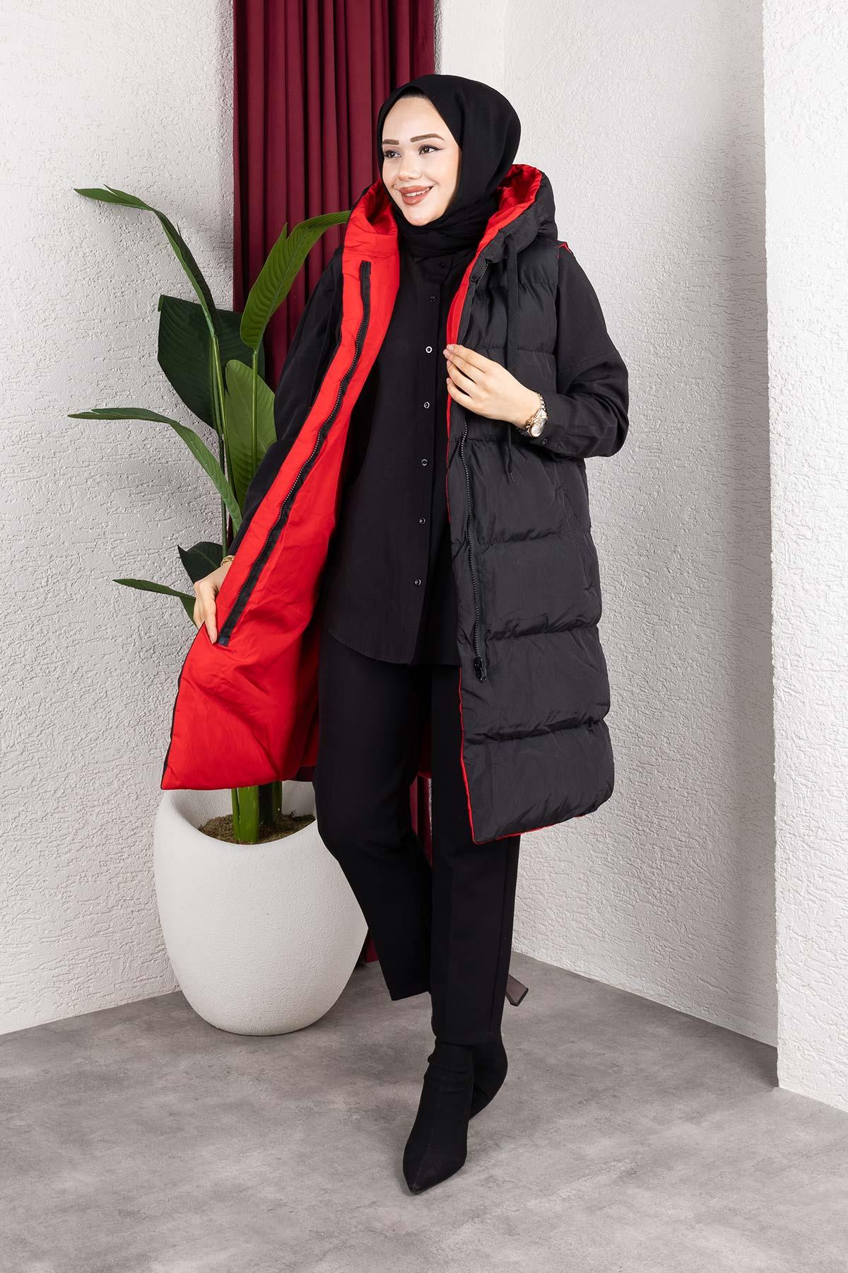 Çift Taraflı Kapşonlu Kırmızı Şişme Yelek