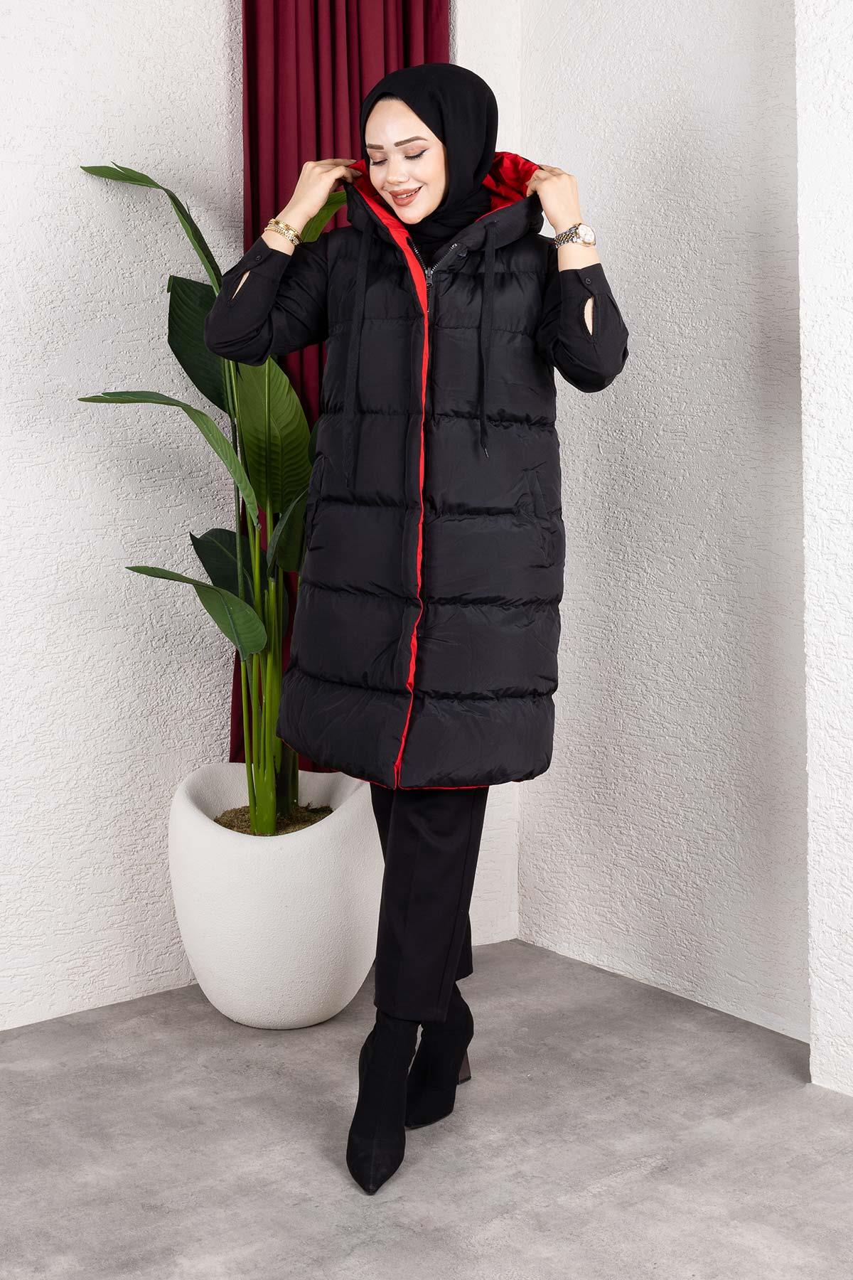 Çift Taraflı Kapşonlu Kırmızı Şişme Yelek