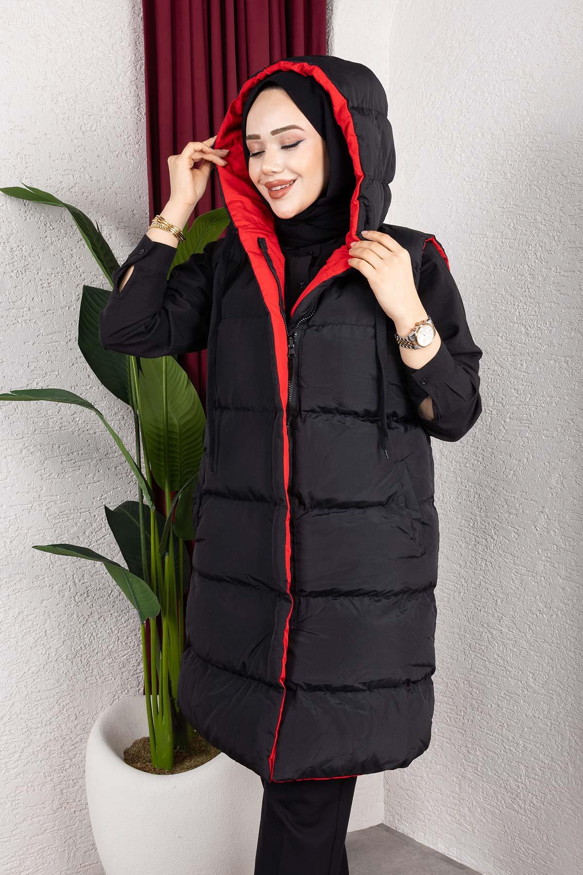 Çift Taraflı Kapşonlu Kırmızı Şişme Yelek