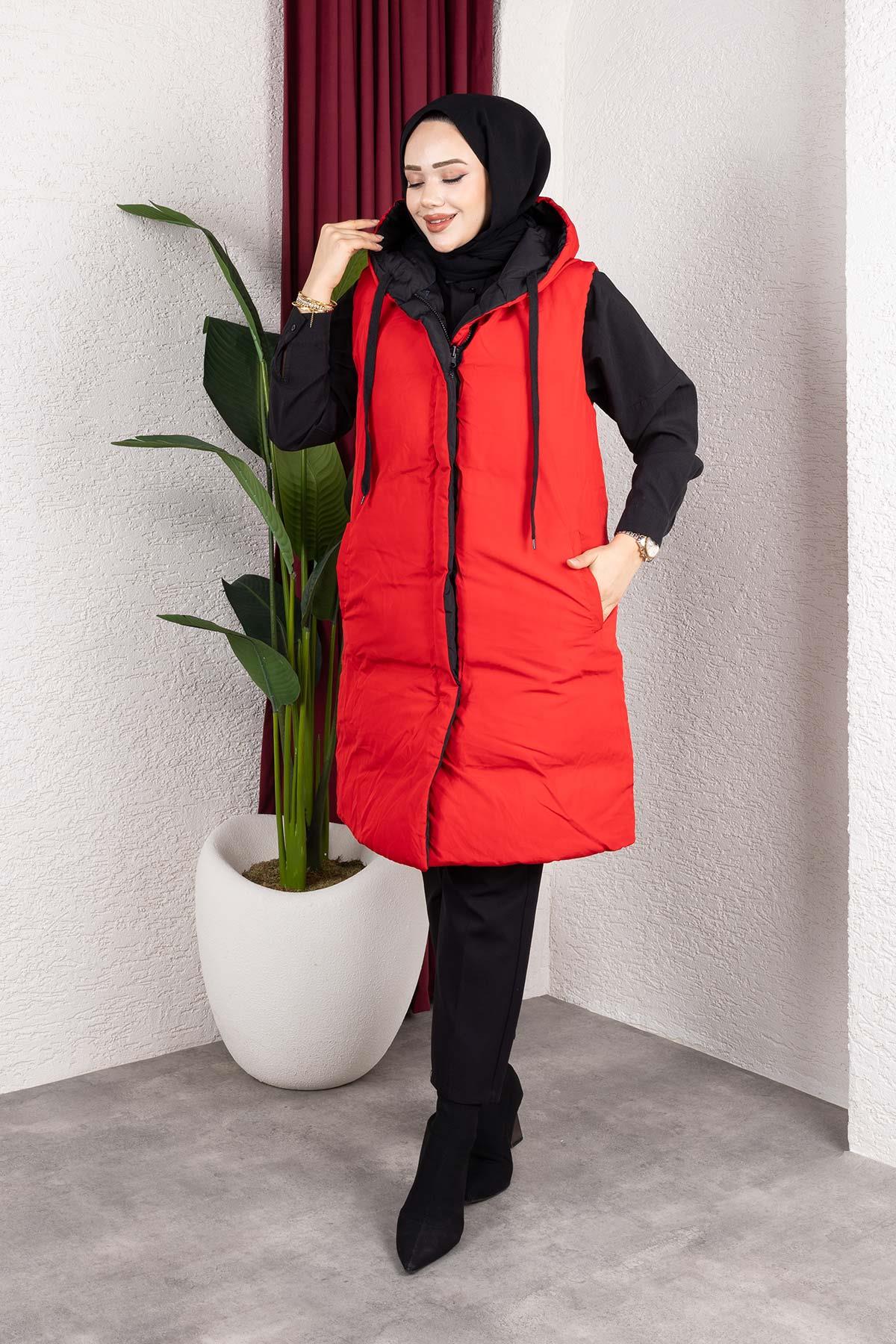 Çift Taraflı Kapşonlu Kırmızı Şişme Yelek