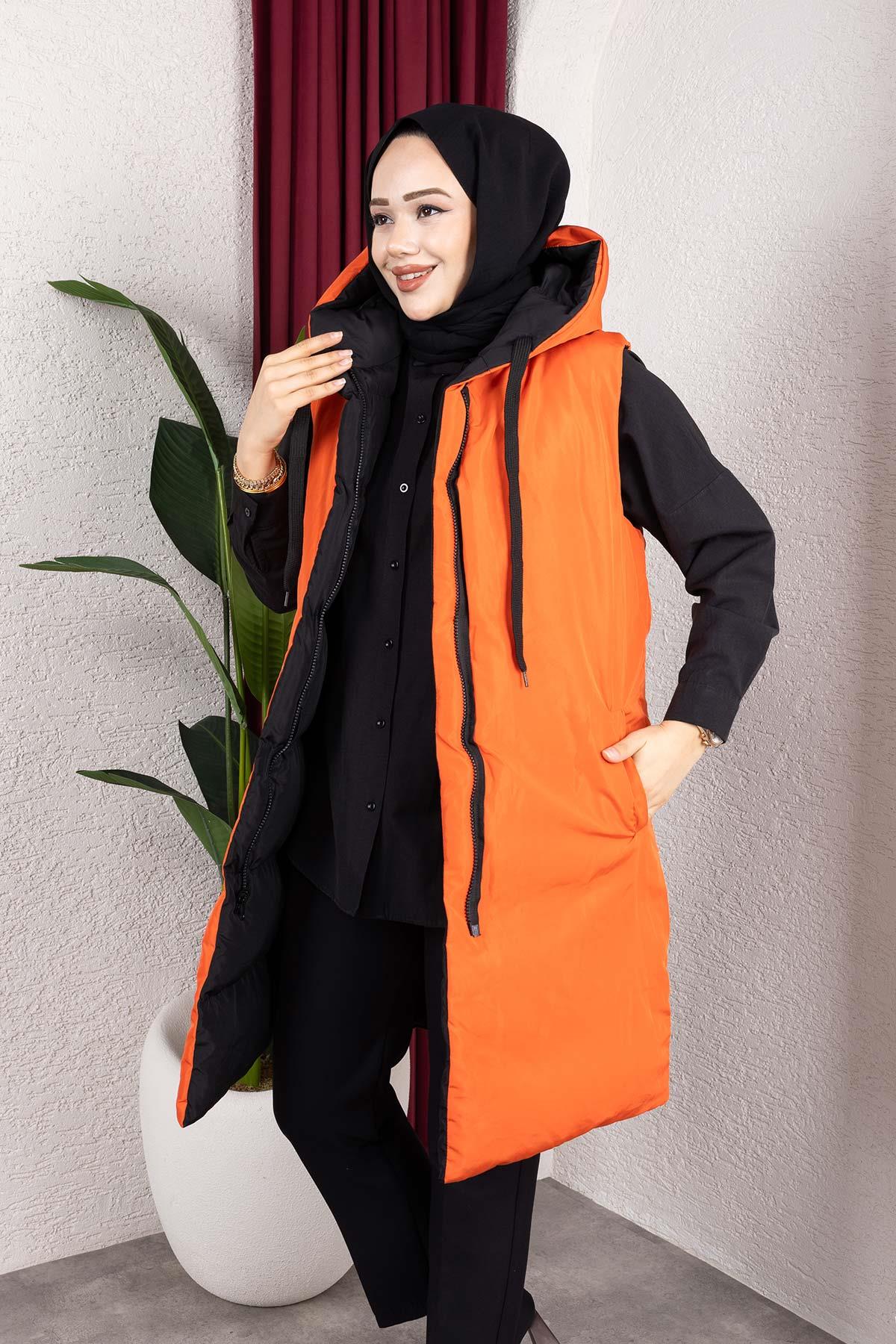 Çift Taraflı Kapşonlu Turuncu Şişme Yelek