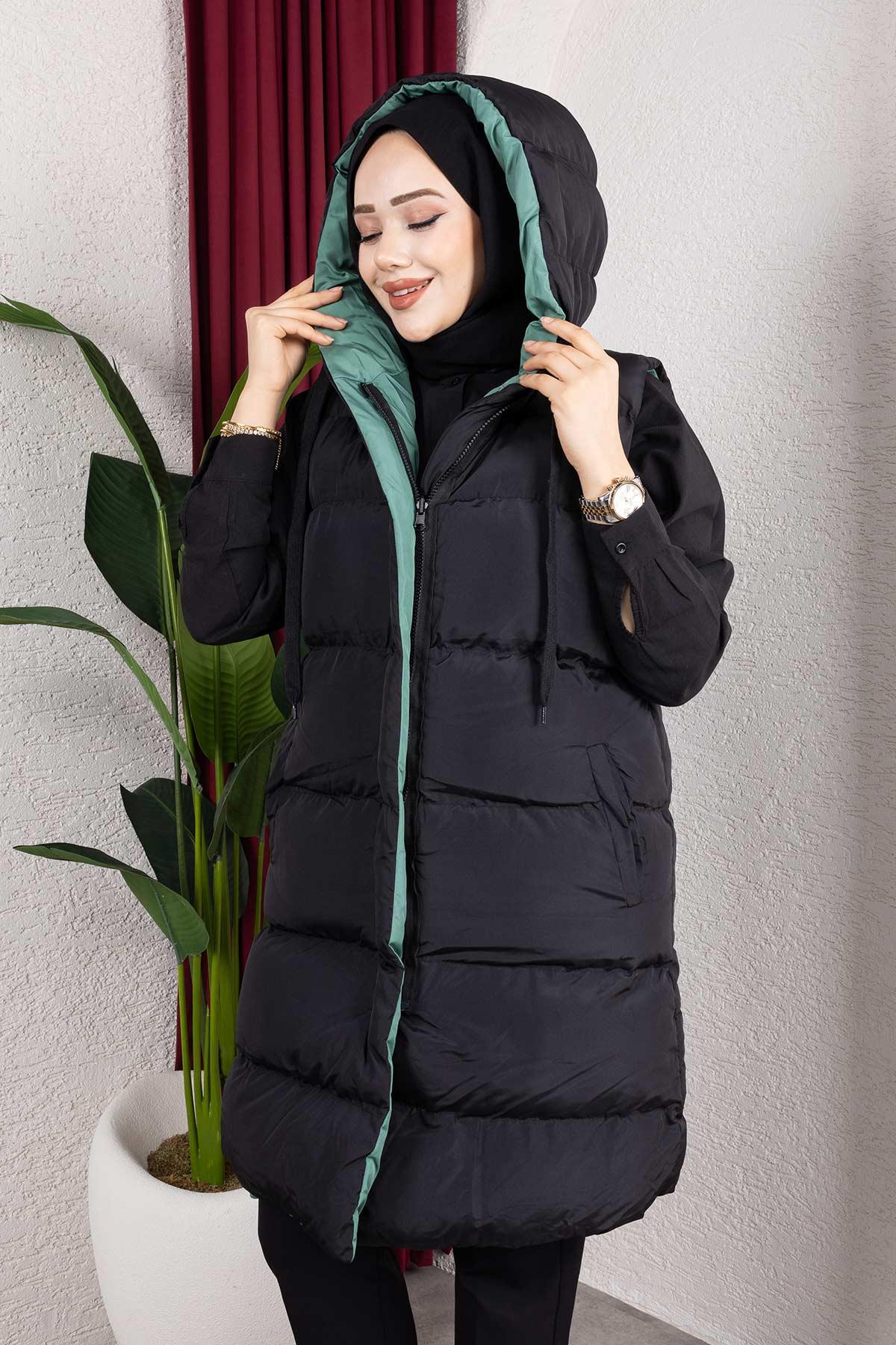 Çift Taraflı Kapşonlu Yeşil Şişme Yelek