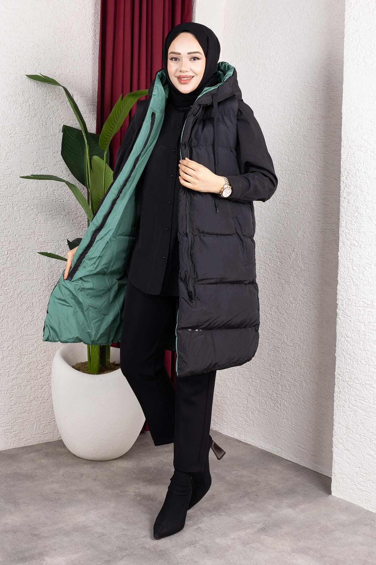 Çift Taraflı Kapşonlu Yeşil Şişme Yelek