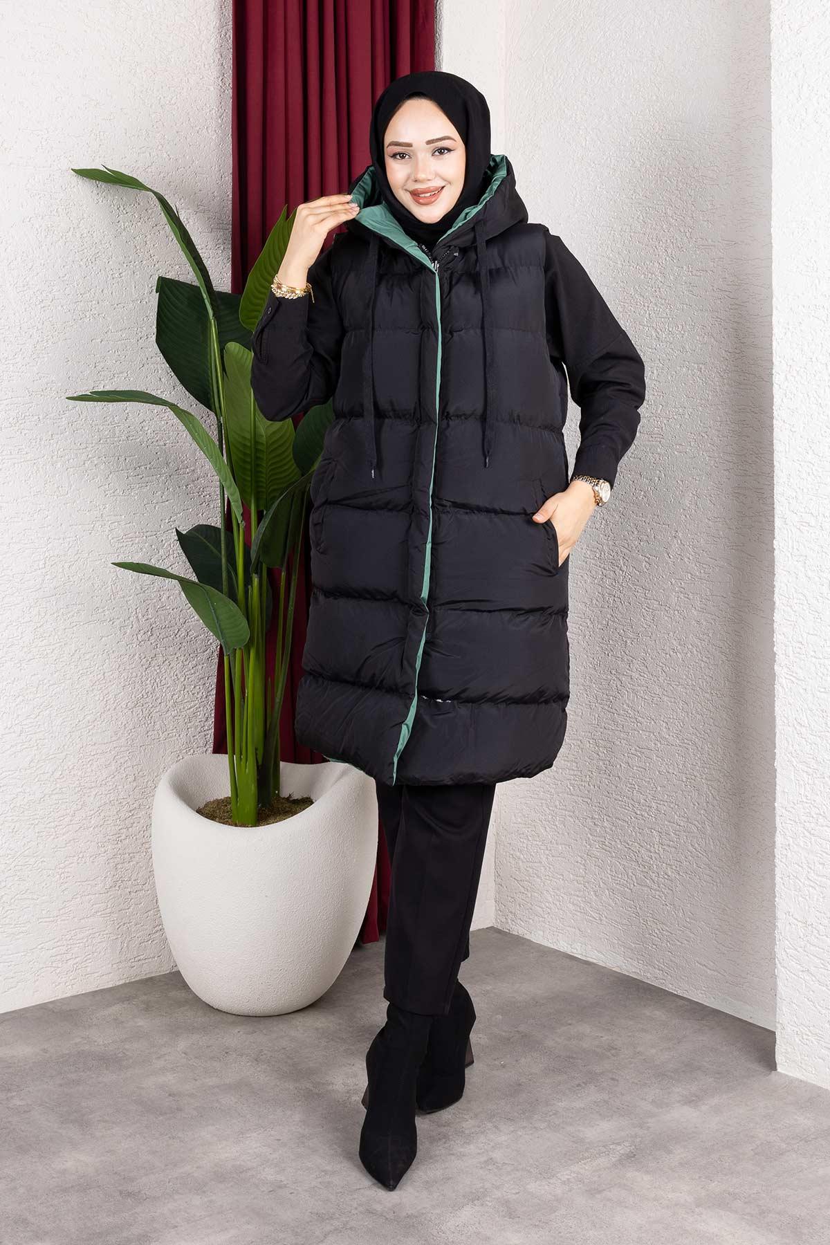 Çift Taraflı Kapşonlu Yeşil Şişme Yelek