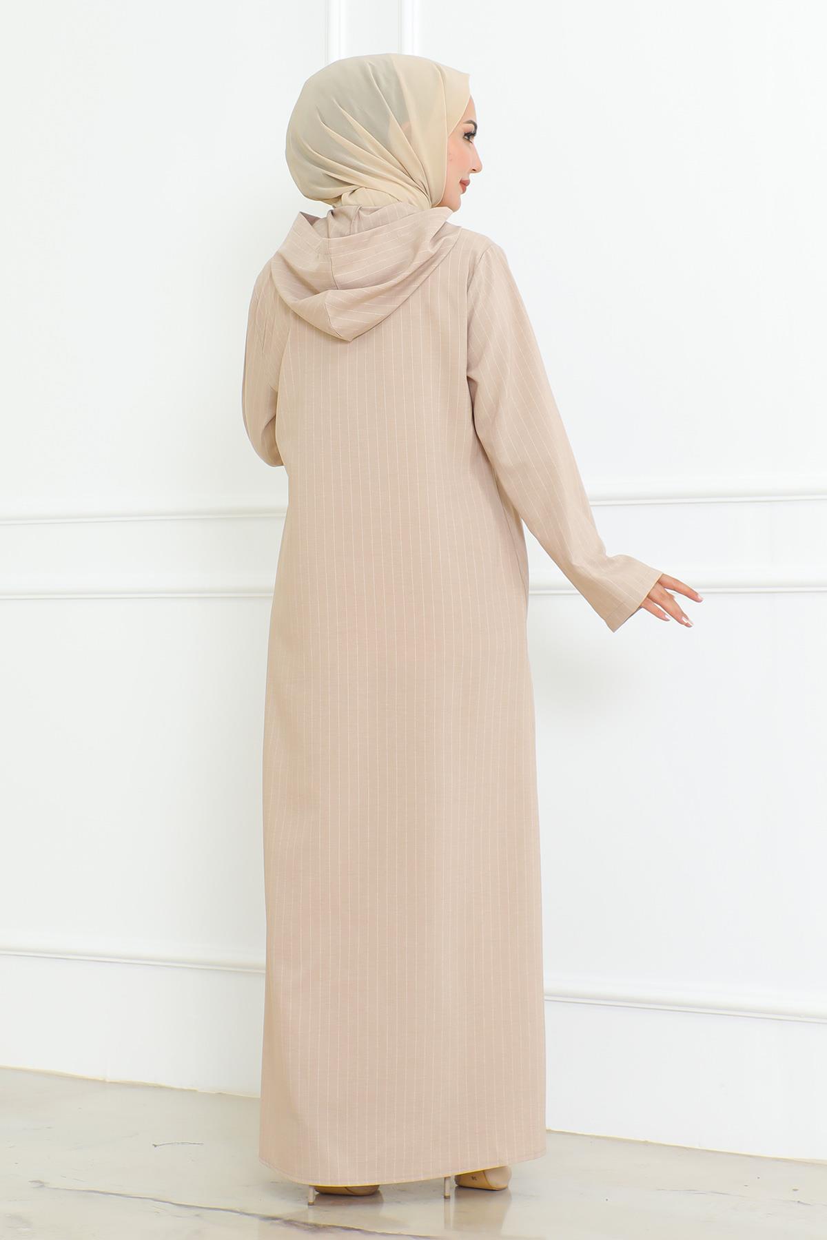 Düğme Detaylı Ahsen Elbise  Bej 4337