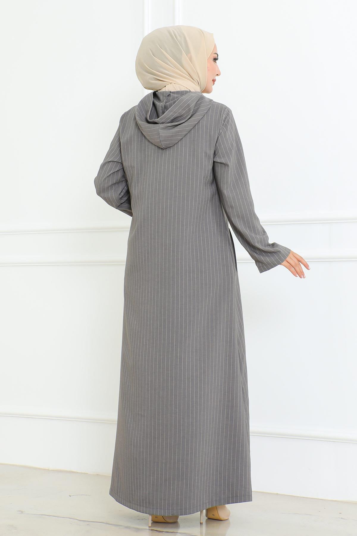 Düğme Detaylı Ahsen Elbise Gri 4337