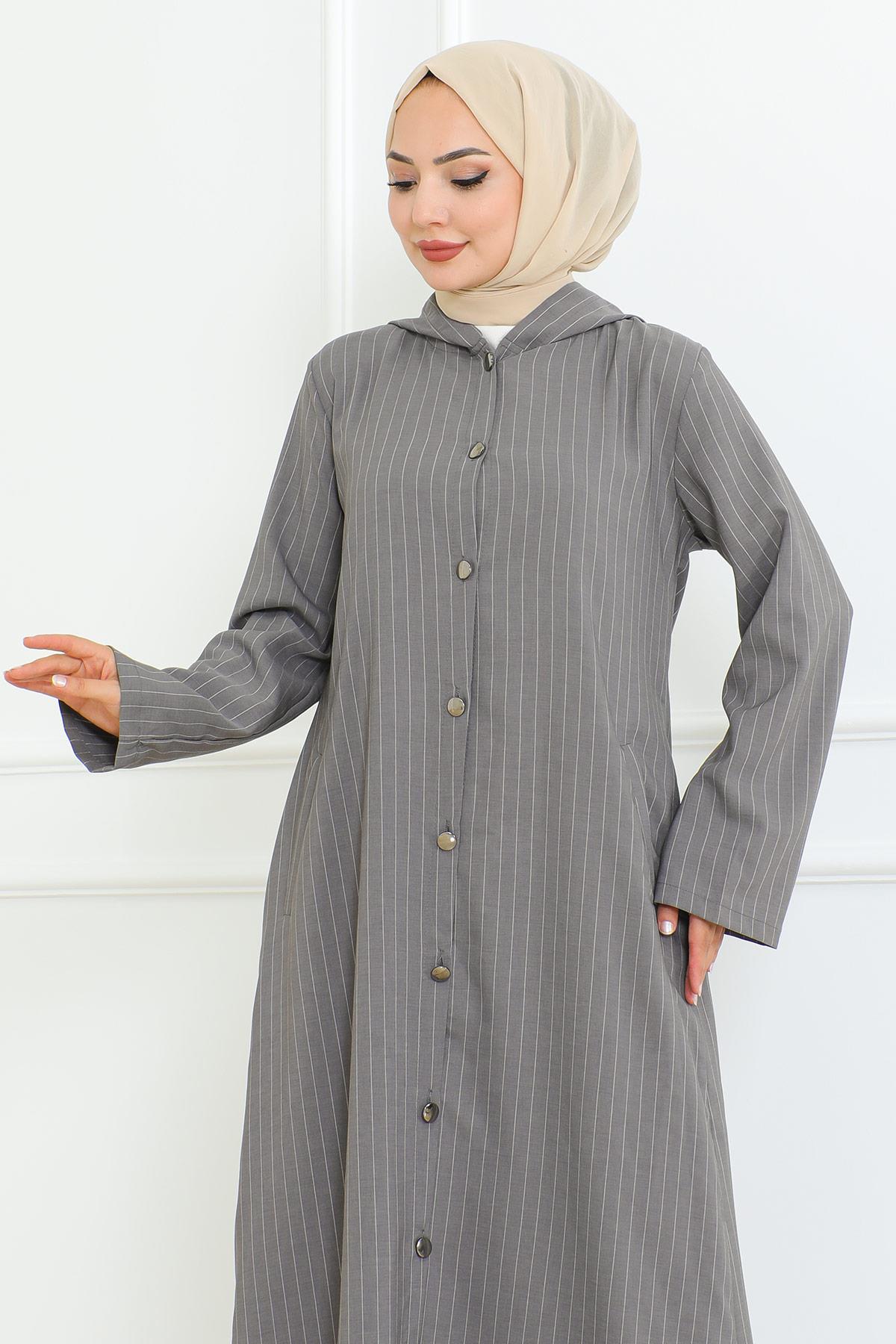 Düğme Detaylı Ahsen Elbise Gri 4337