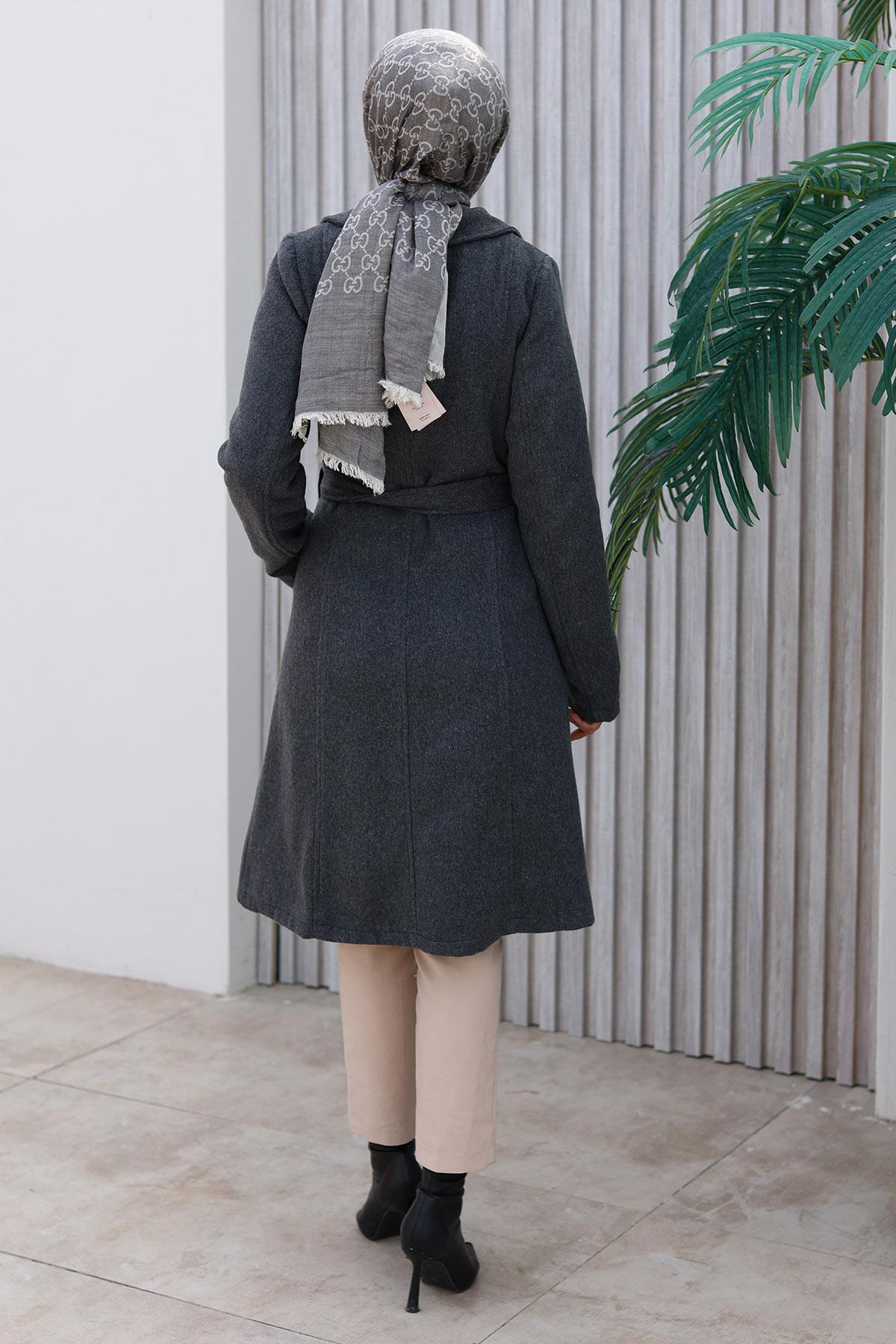 Düğme Detaylı Kaşe Kaban Antrasit 1224