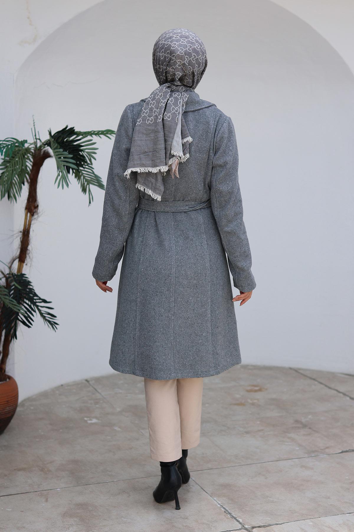 Düğme Detaylı Kaşe Kaban Gri 1224