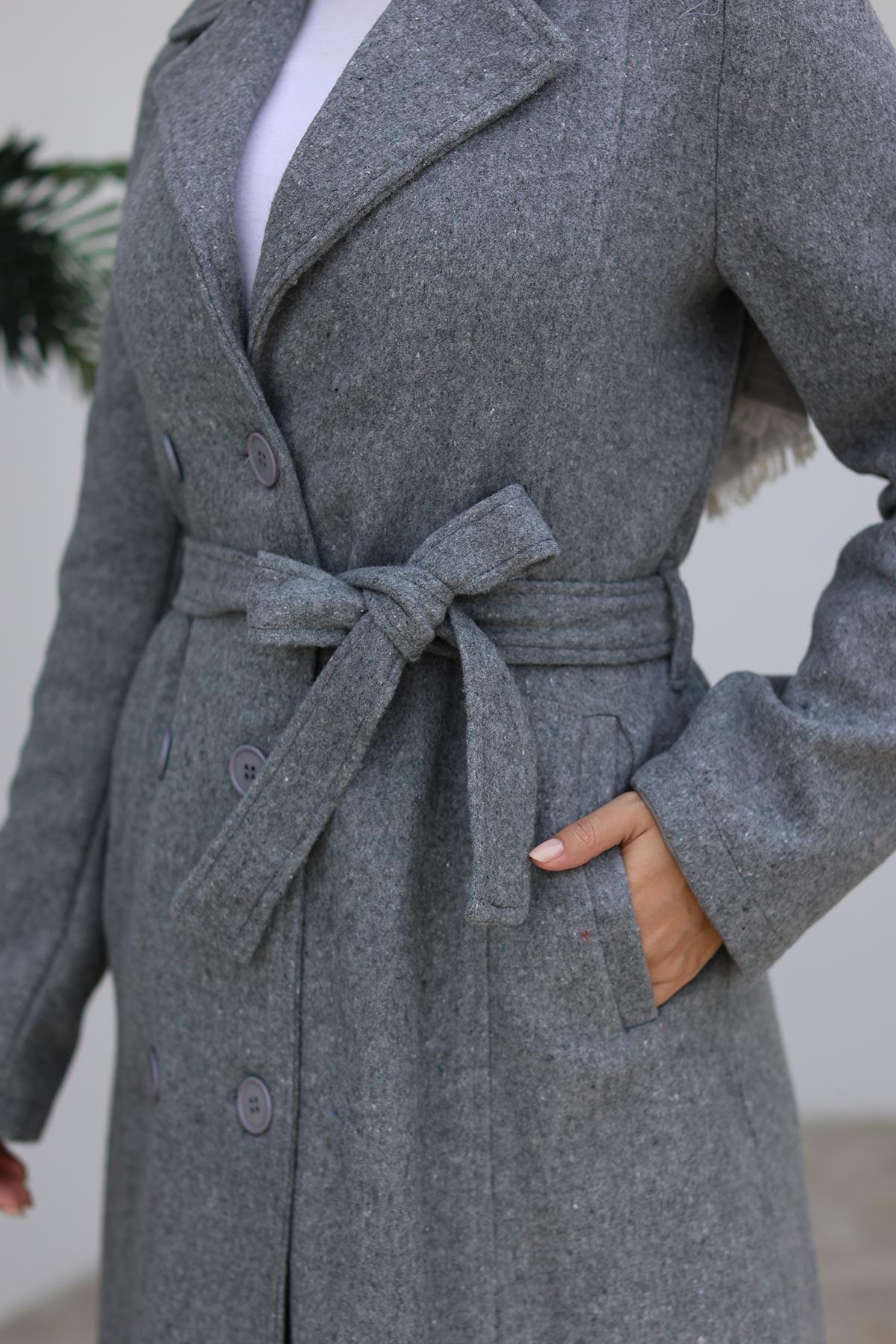 Düğme Detaylı Kaşe Kaban Gri 1224