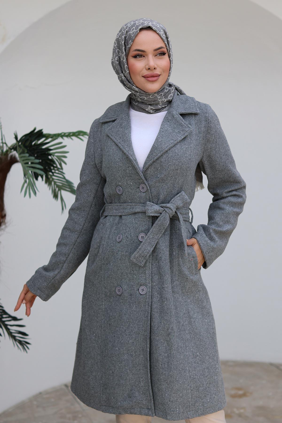 Düğme Detaylı Kaşe Kaban Gri 1224