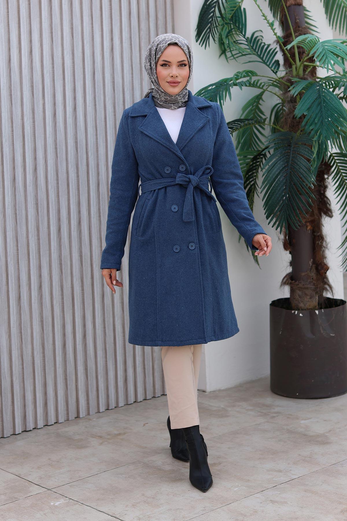 Düğme Detaylı Kaşe Kaban İndigo 1224