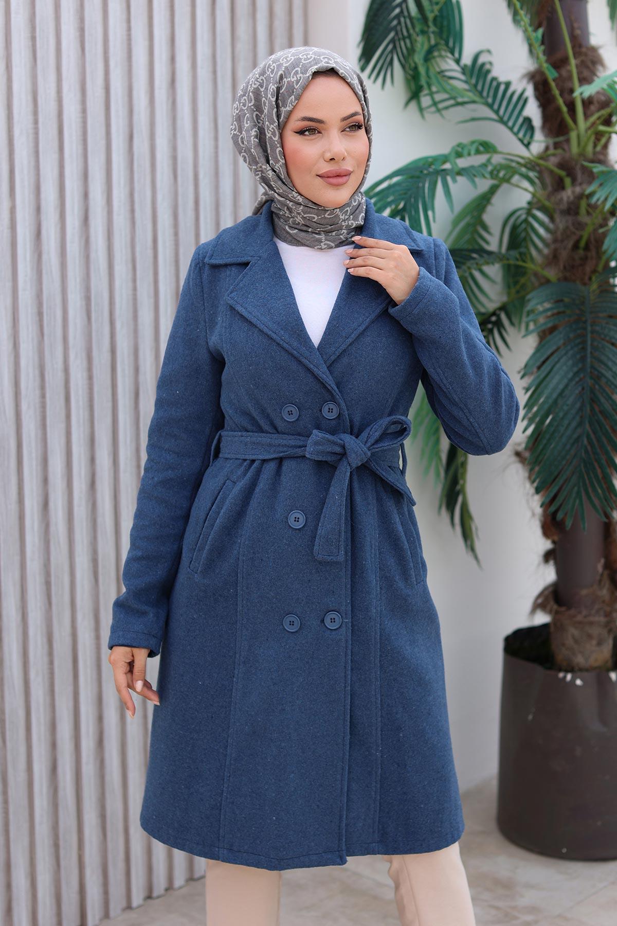 Düğme Detaylı Kaşe Kaban İndigo 1224