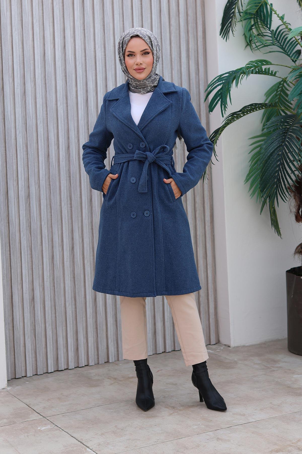 Düğme Detaylı Kaşe Kaban İndigo 1224