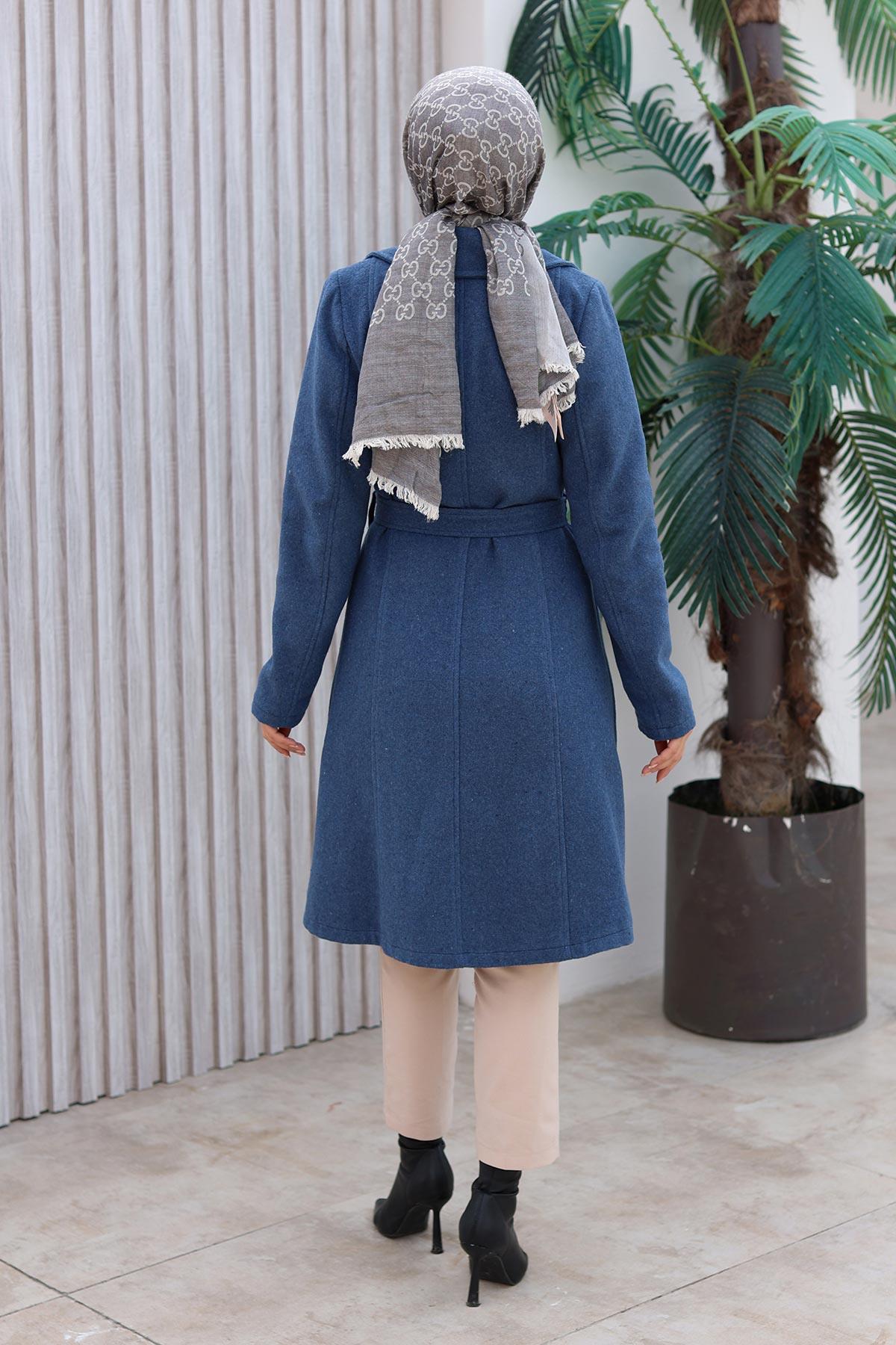 Düğme Detaylı Kaşe Kaban İndigo 1224