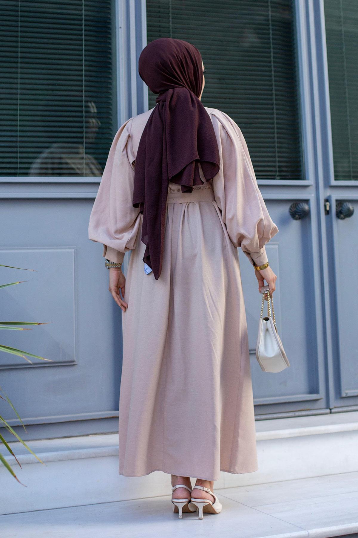 Düğme Detaylı Tesettür Açık Somon  elbise