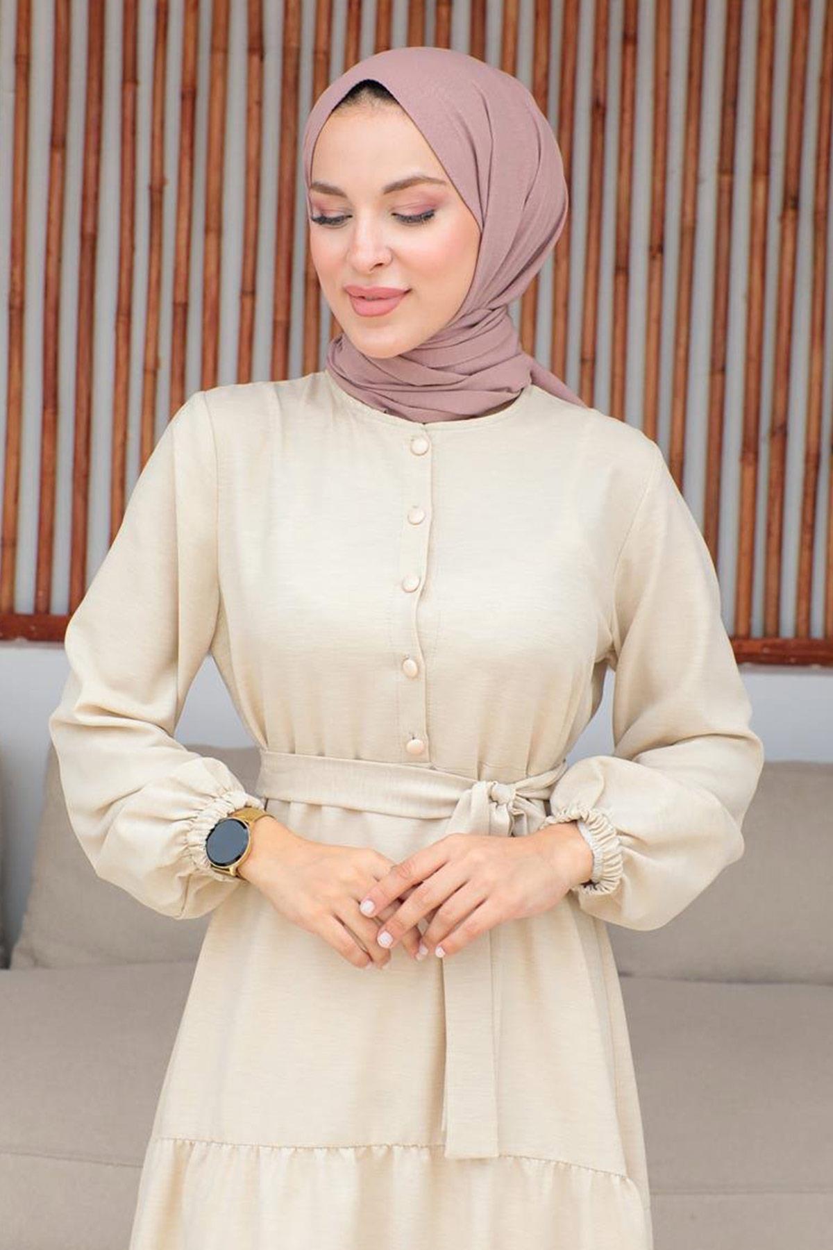 Düğme Detaylı Tesettür Bej Elbise