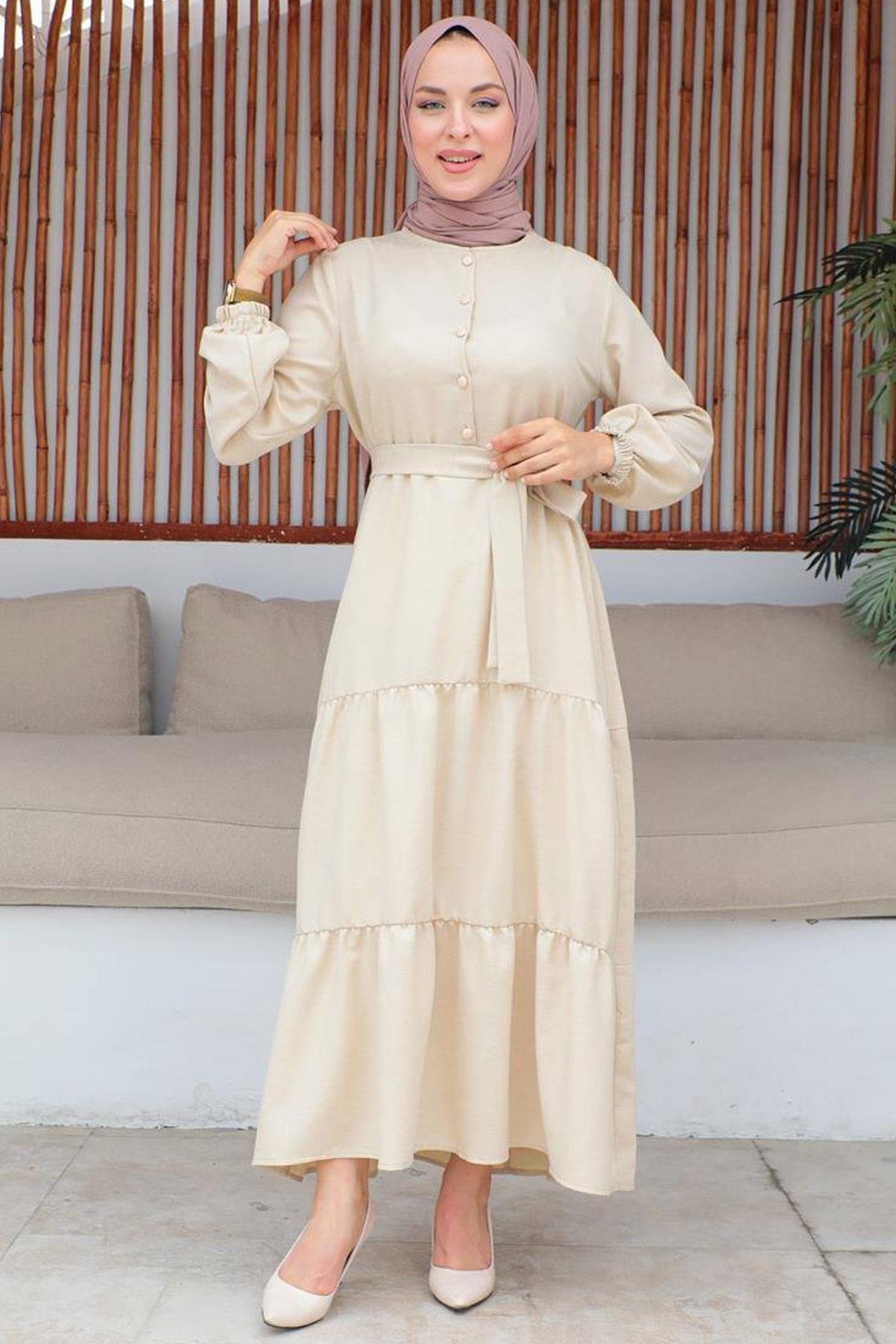 Düğme Detaylı Tesettür Bej Elbise
