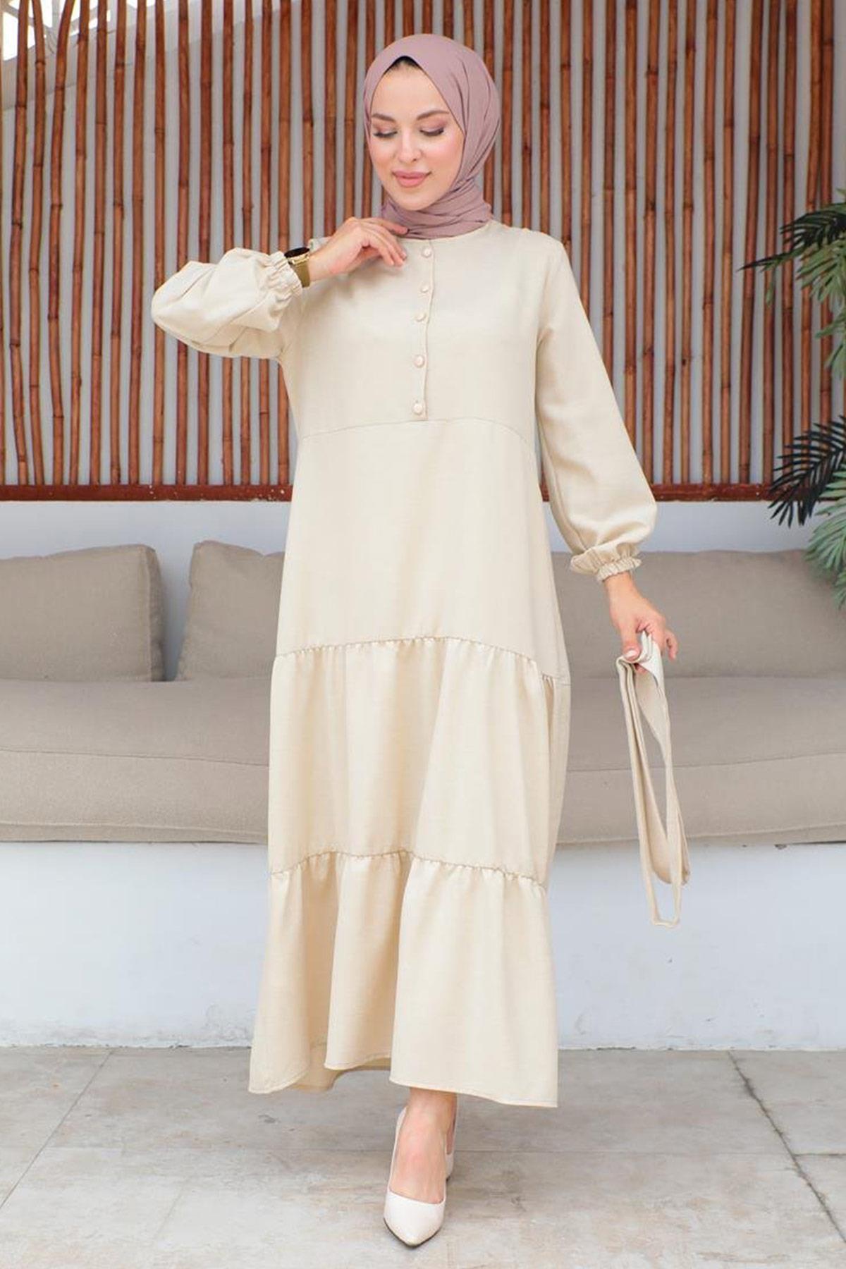 Düğme Detaylı Tesettür Bej Elbise