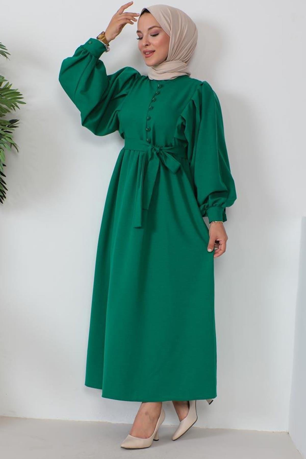 Düğme Detaylı Tesettür Koyu Yeşil elbise