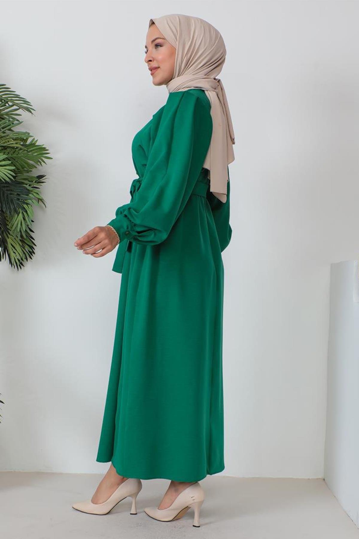 Düğme Detaylı Tesettür Koyu Yeşil elbise