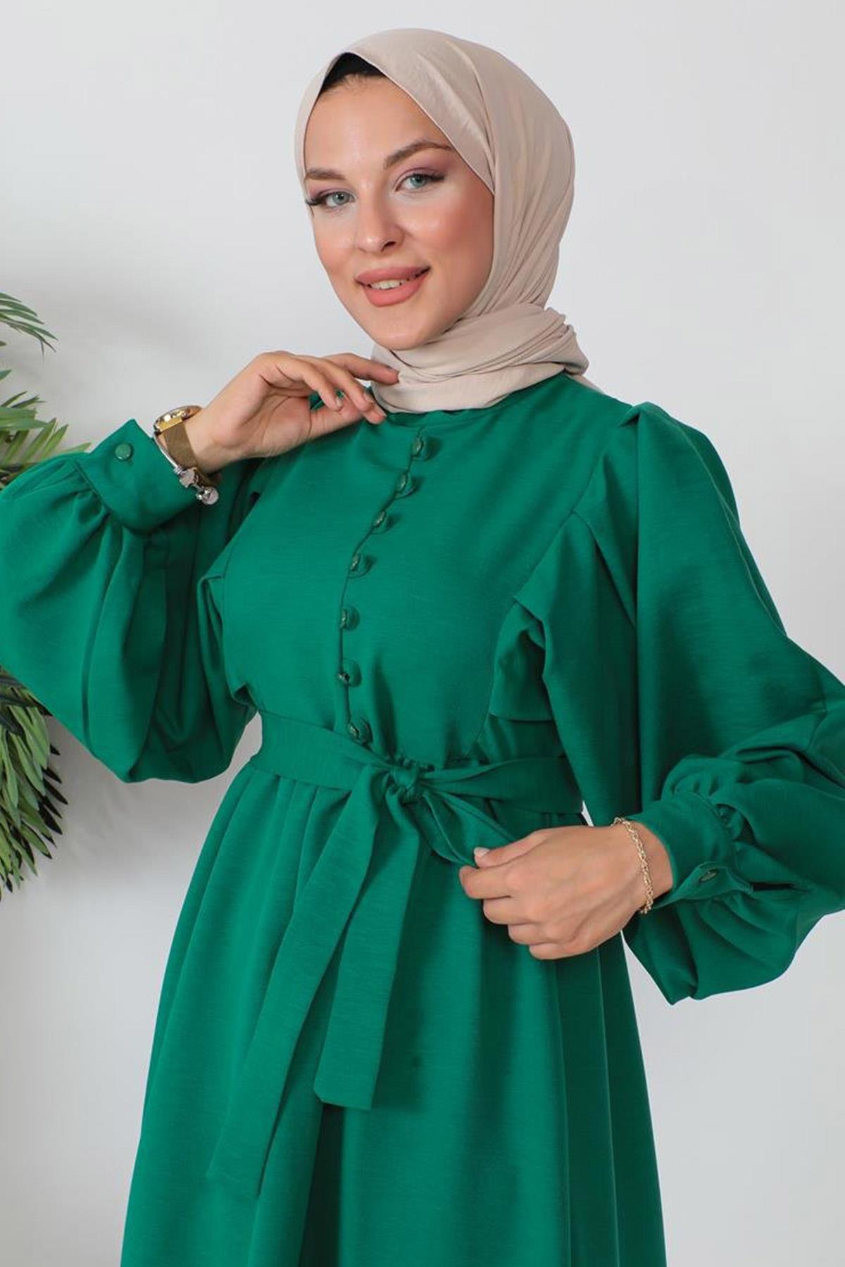 Düğme Detaylı Tesettür Koyu Yeşil elbise