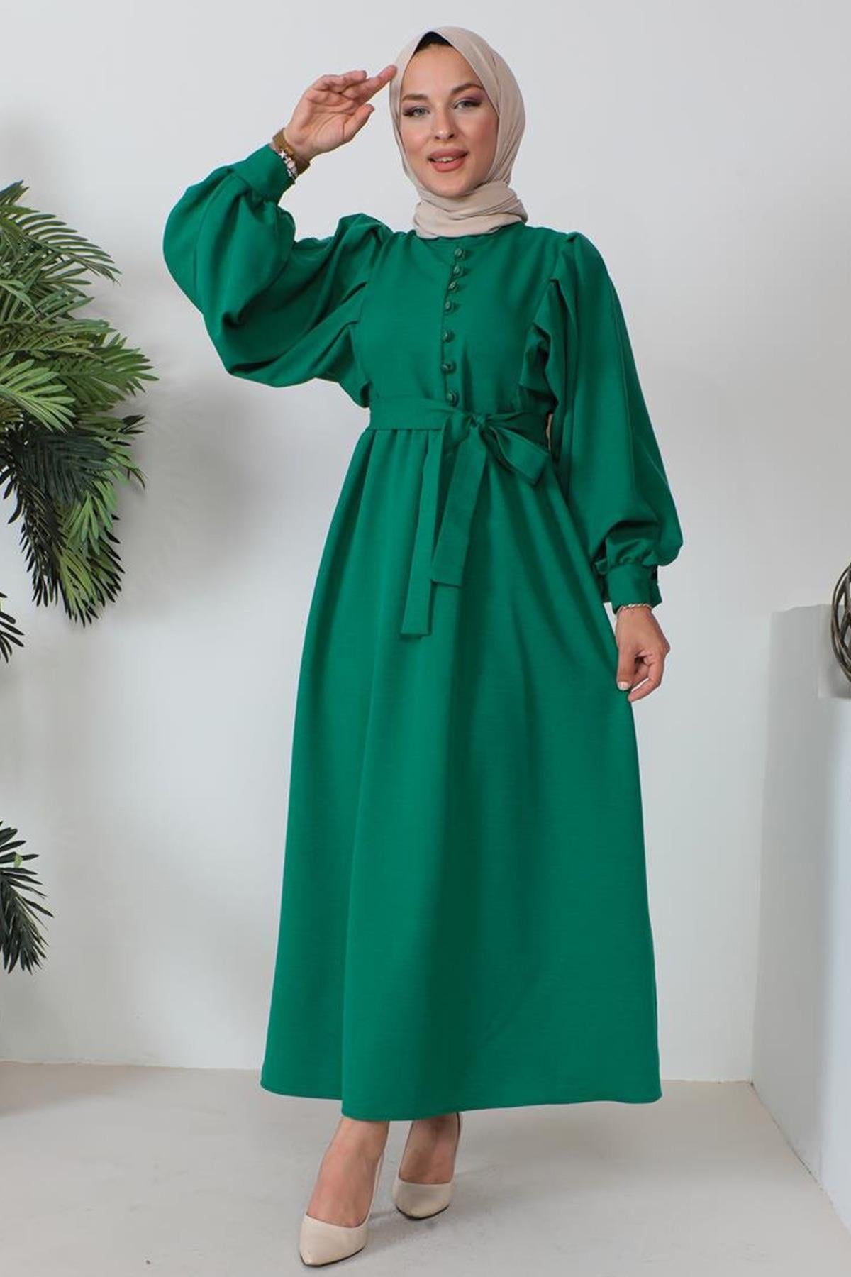 Düğme Detaylı Tesettür Koyu Yeşil elbise
