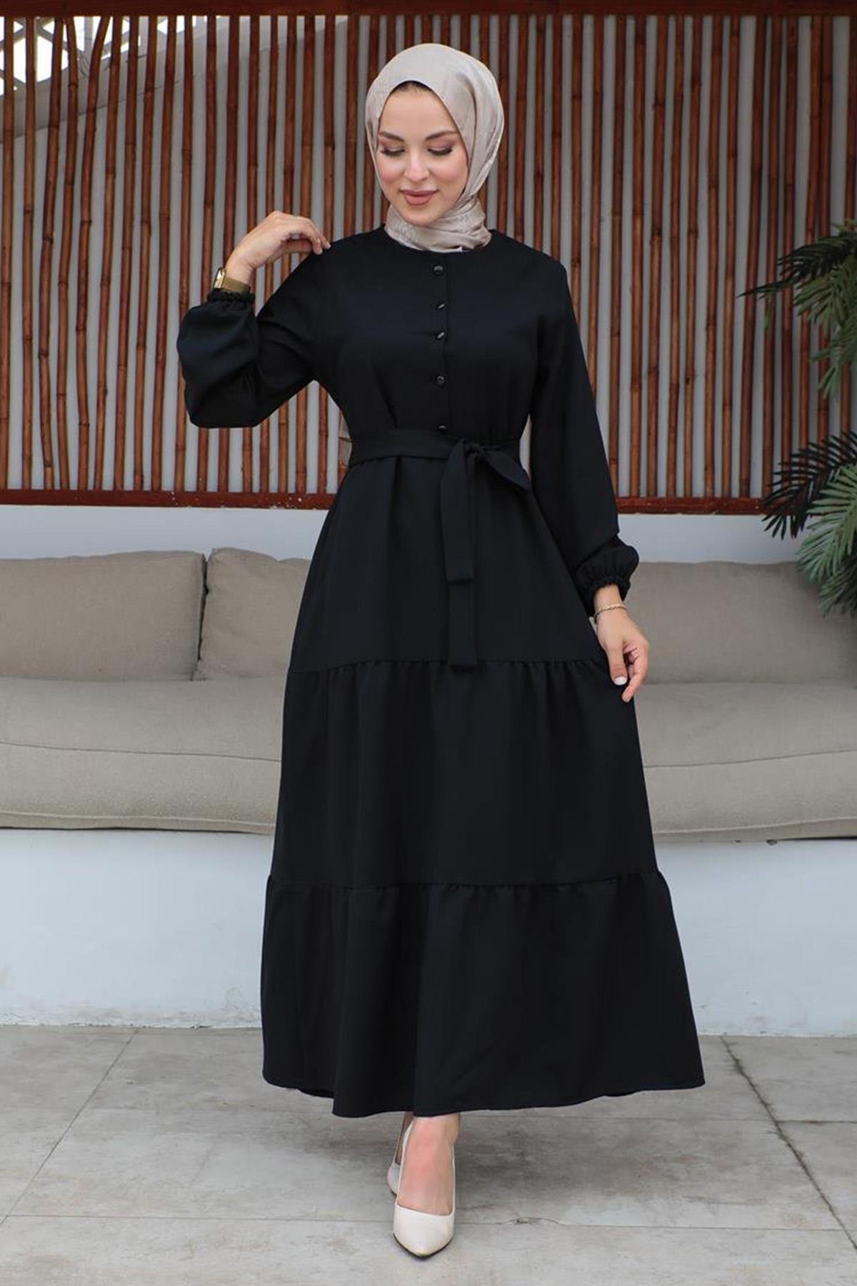 Düğme Detaylı Tesettür Siyah Elbise
