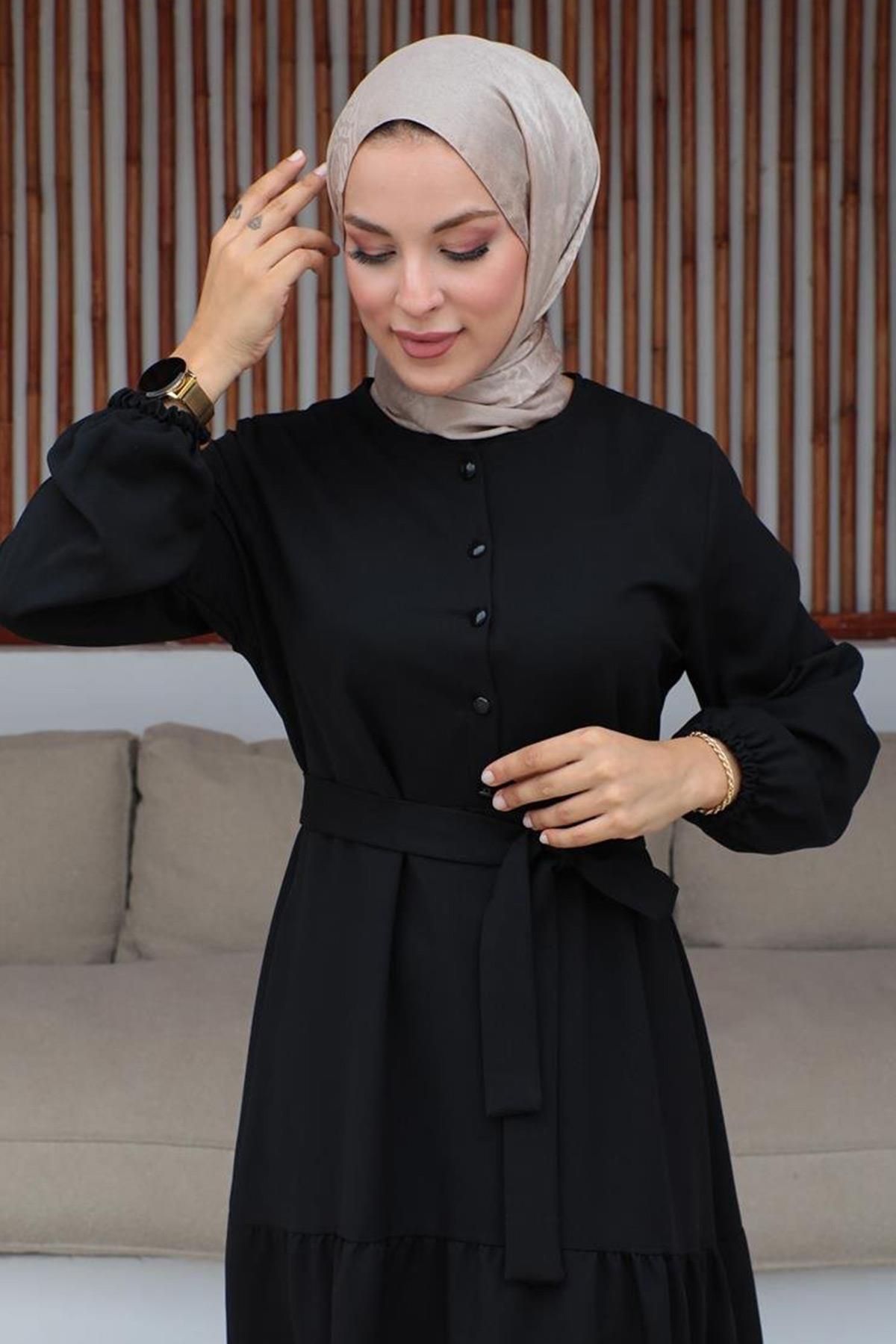 Düğme Detaylı Tesettür Siyah Elbise