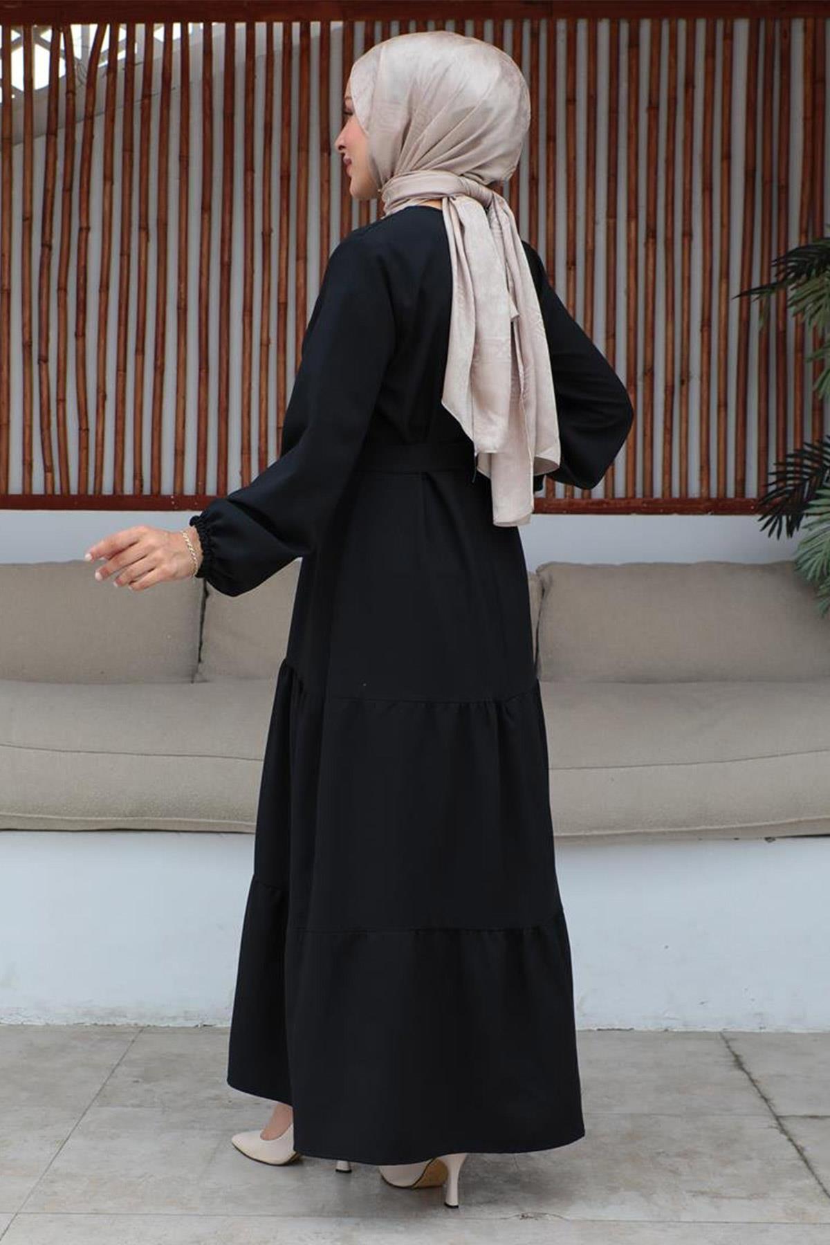 Düğme Detaylı Tesettür Siyah Elbise