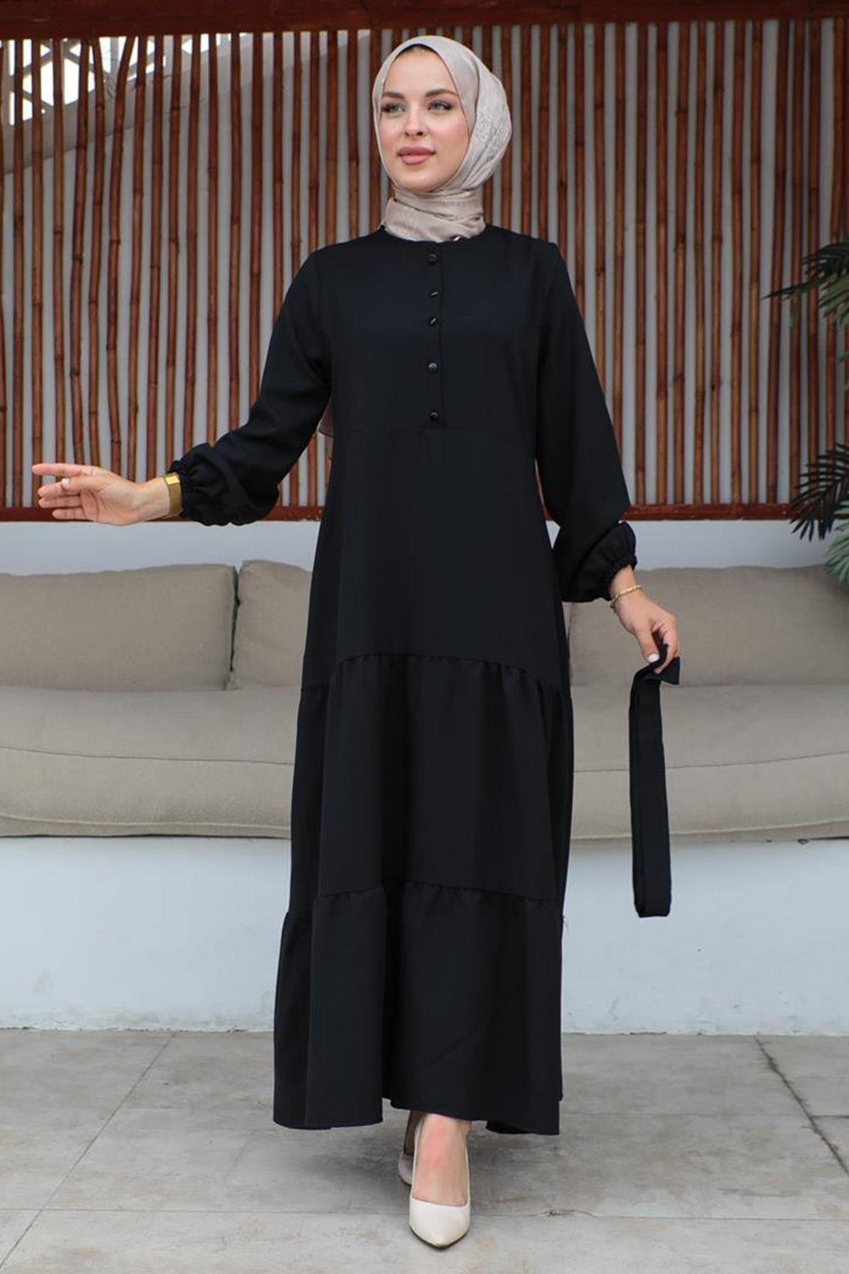 Düğme Detaylı Tesettür Siyah Elbise