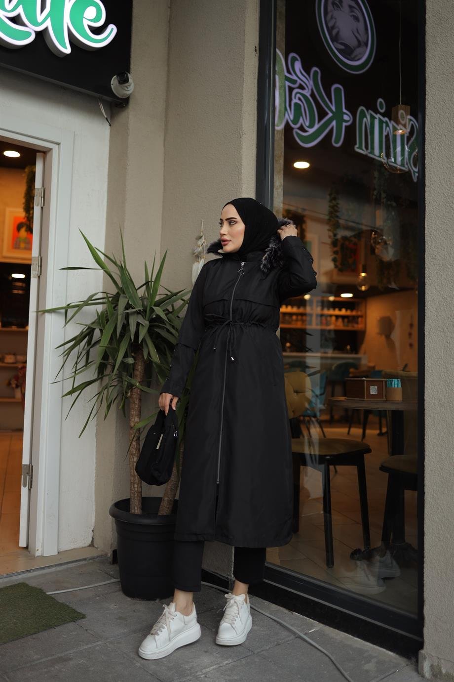 Düğme Detaylı Tesettür Siyah Mont 
