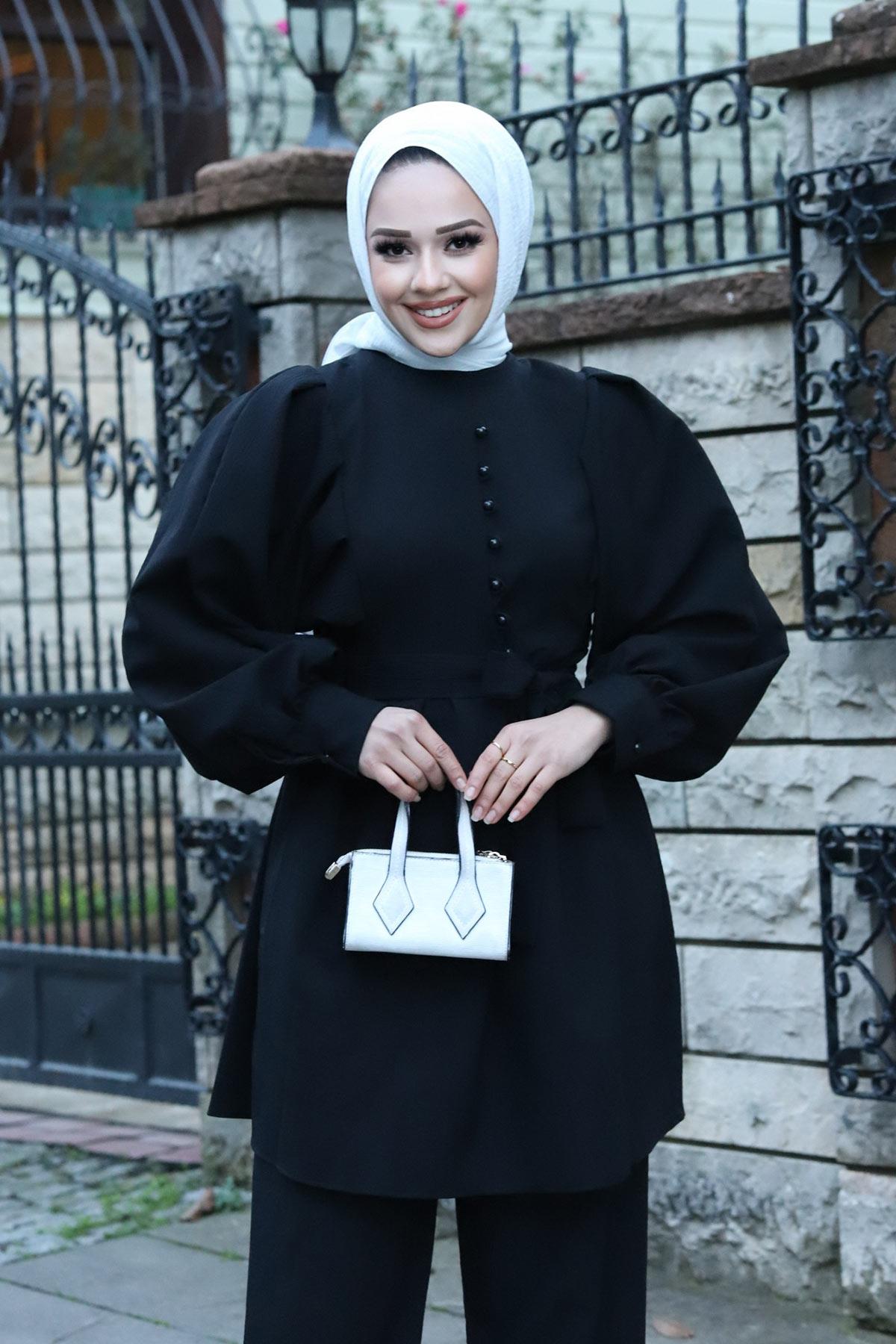 Düğme Detaylı Tesettür Siyah Takım 