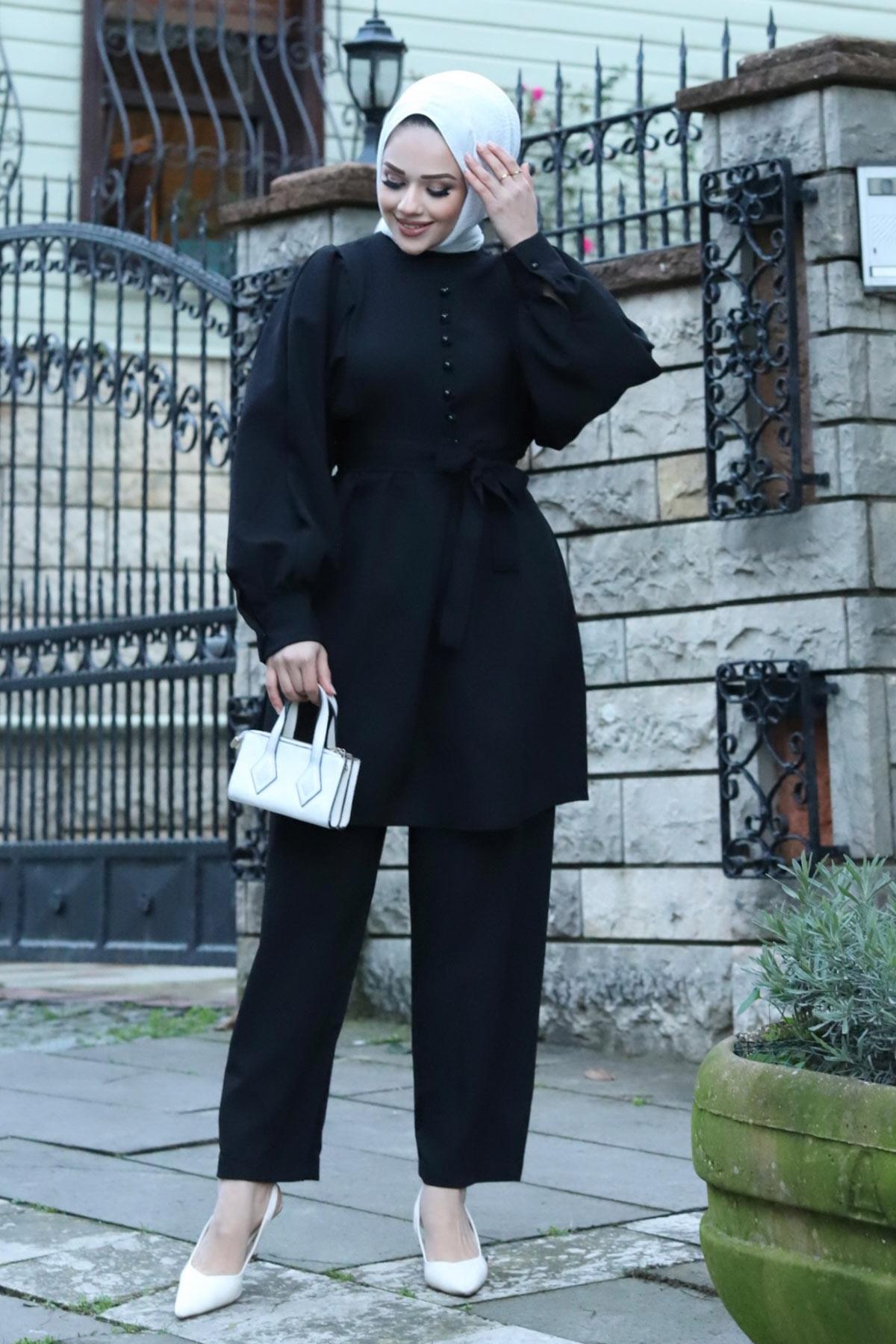 Düğme Detaylı Tesettür Siyah Takım 