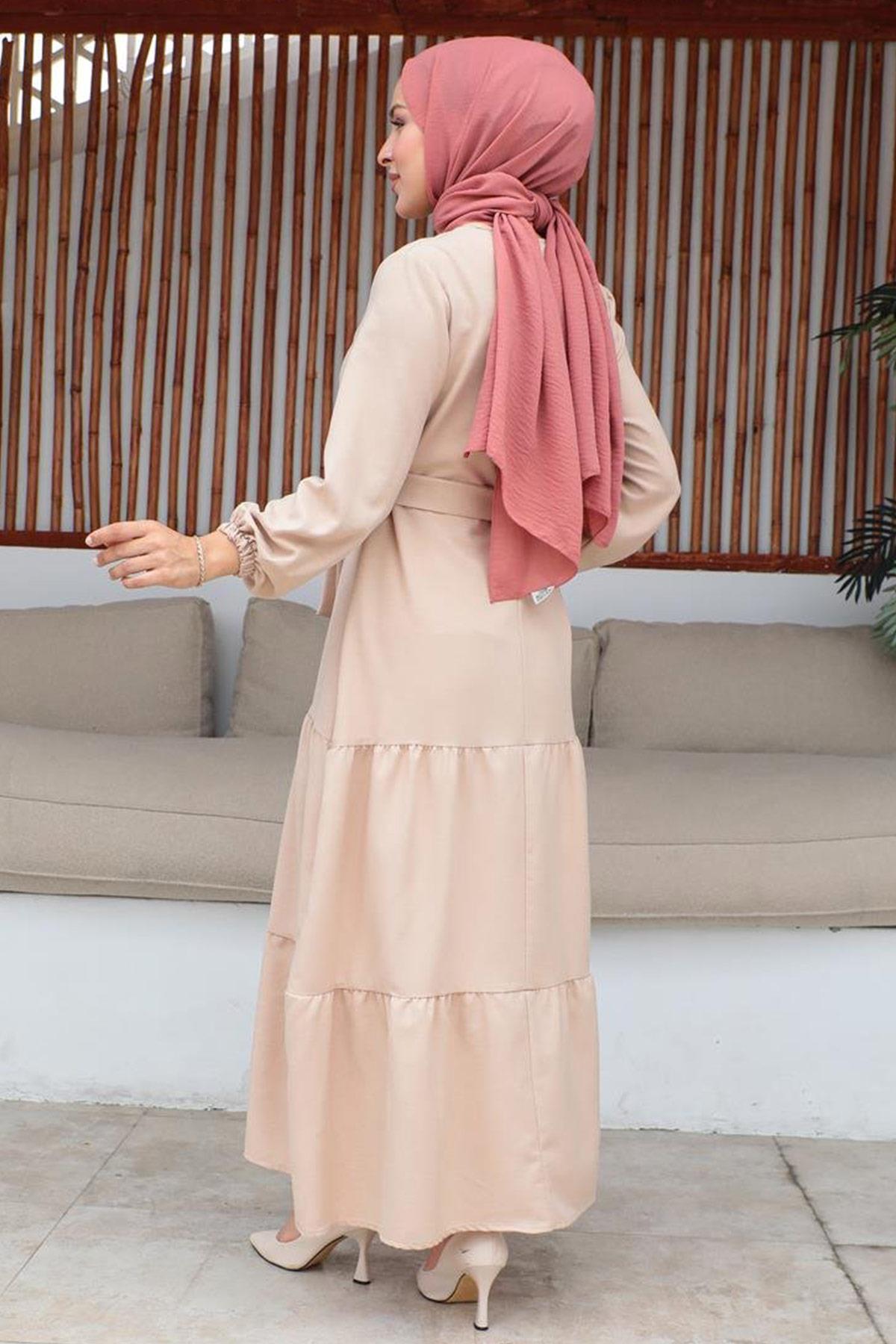 Düğme Detaylı Tesettür Somon Elbise